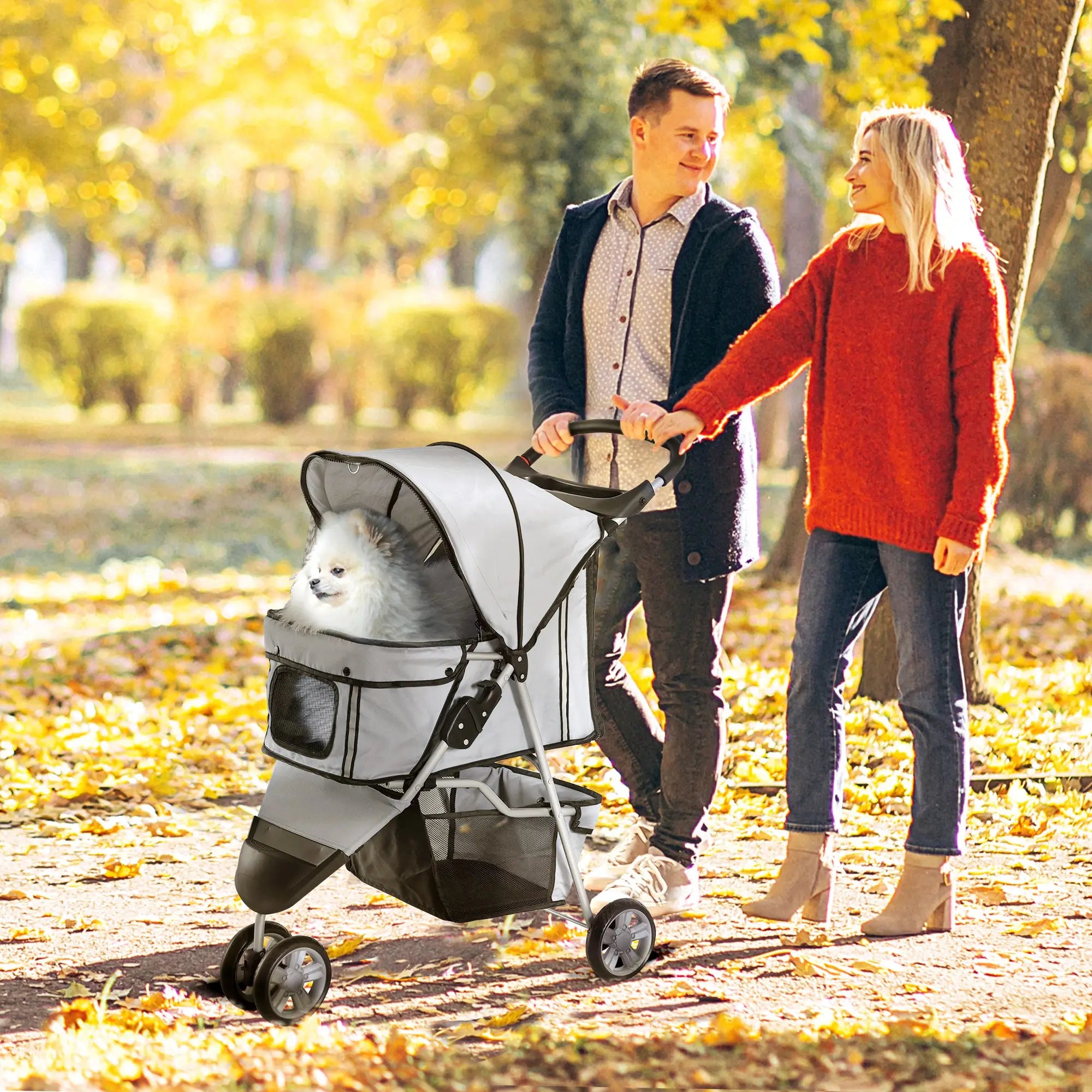 3 Wheel Foldable Dog Stroller, Storage Basket, Adjustable Canopy, Cupholder, Grey Dog Bike Trailers & Strollers at Gallery Canada