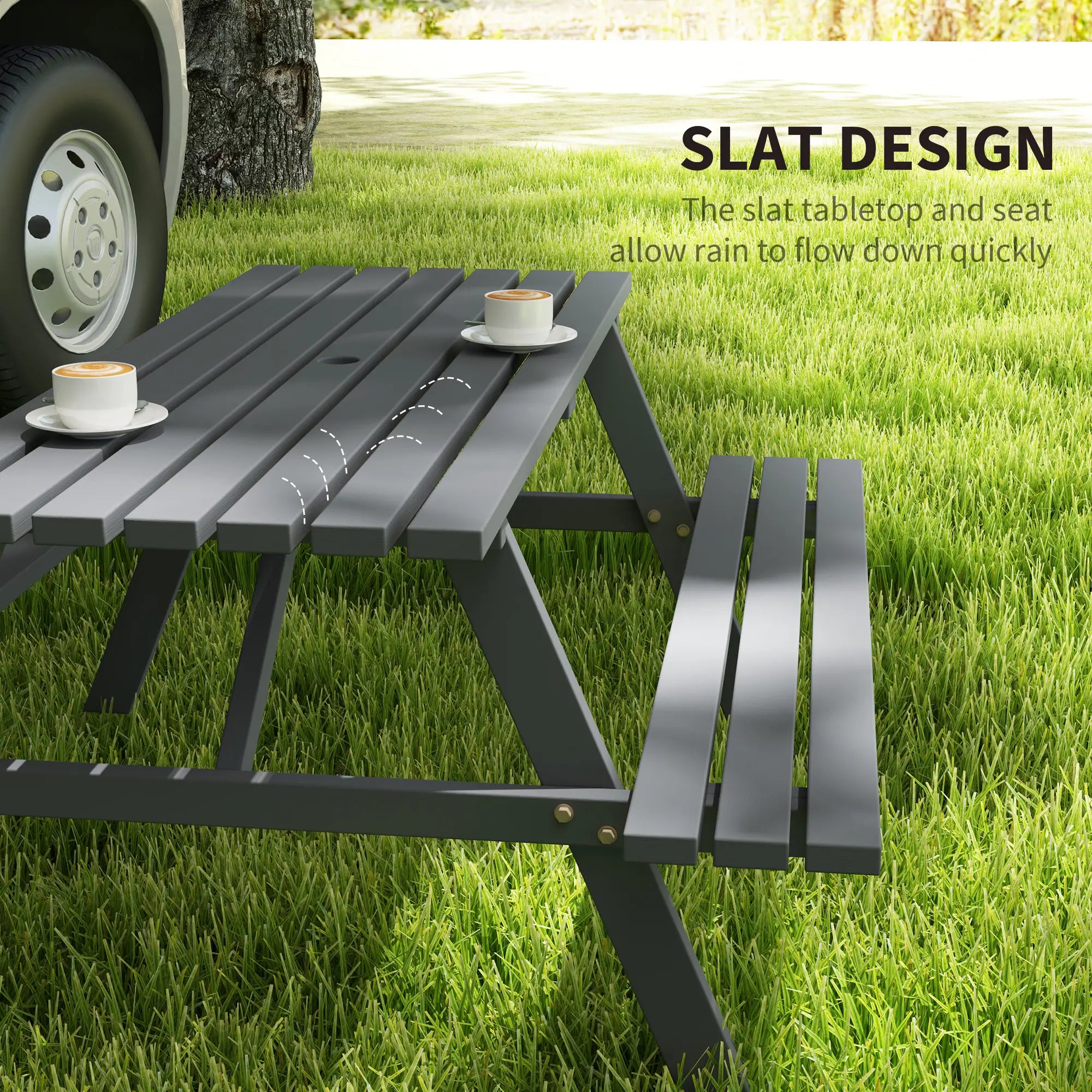 Wood Picnic Table With Umbrella Hole, Camping Table Bench Set, Grey Picnic Tables & Camping Chairs at Gallery Canada