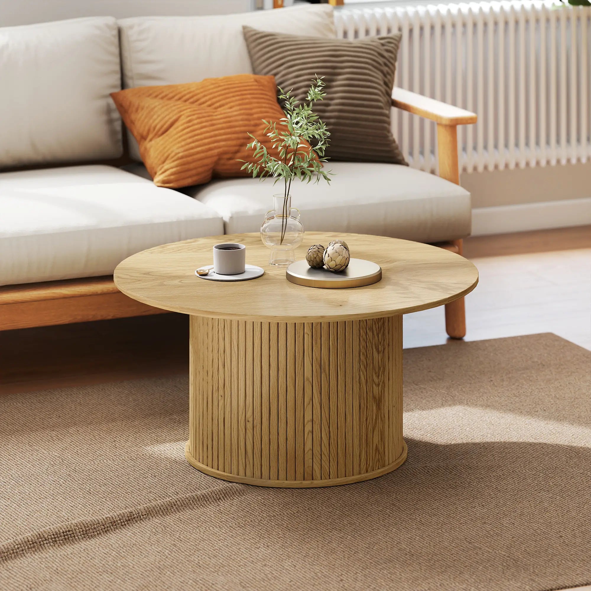 31.5 Inch Round Coffee Table, Nordic Style, Oak Coffee Tables at Gallery Canada