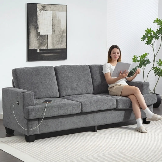 3 Seater Sofa with USB Ports, Cup Holders, Chenille Upholstery, Grey 3-Seater Sofas Grey at Gallery Canada