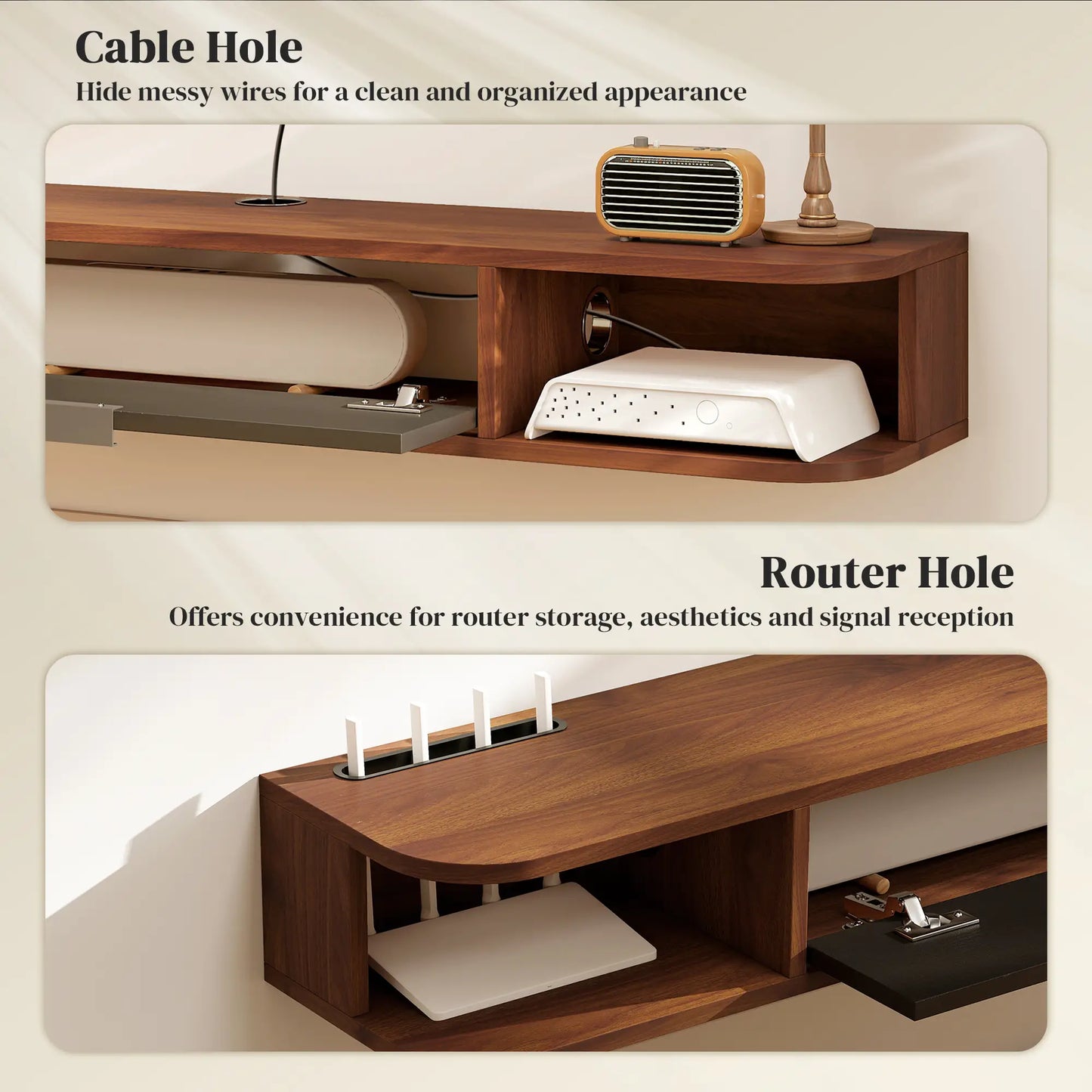 47 Inch Floating TV Stand, Wall Mounted Media Console, Flip Drawer, 2 Open Shelves, Walnut TV Stands at Gallery Canada