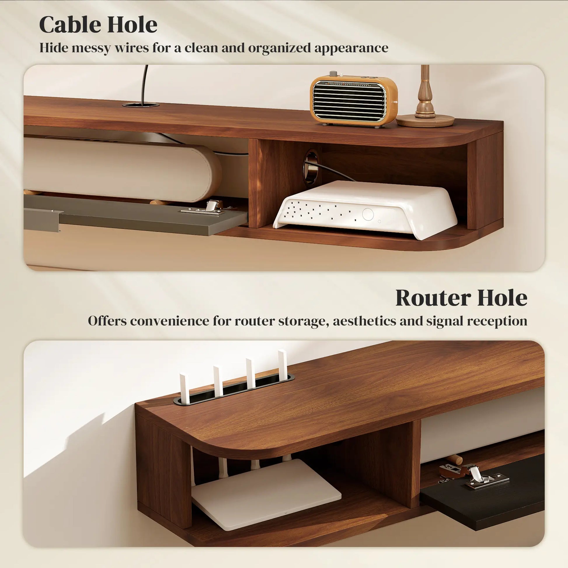 47 Inch Floating TV Stand, Wall Mounted Media Console, Flip Drawer, 2 Open Shelves, Walnut TV Stands at Gallery Canada