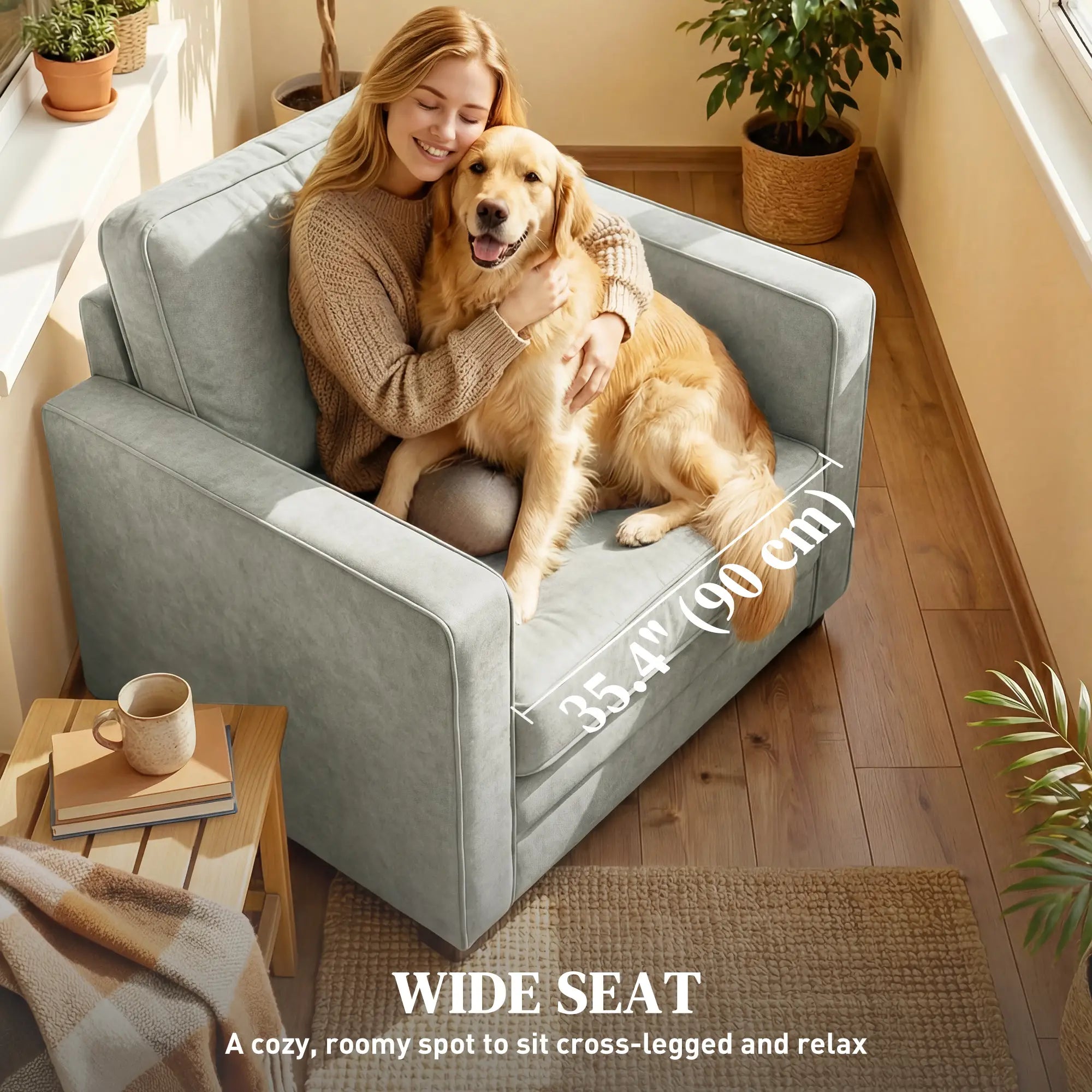 Grey Velvet Fabric Armchair, Wide Seat Spring Cushion, Solid Wood Legs, Grey Single Sofas at Gallery Canada