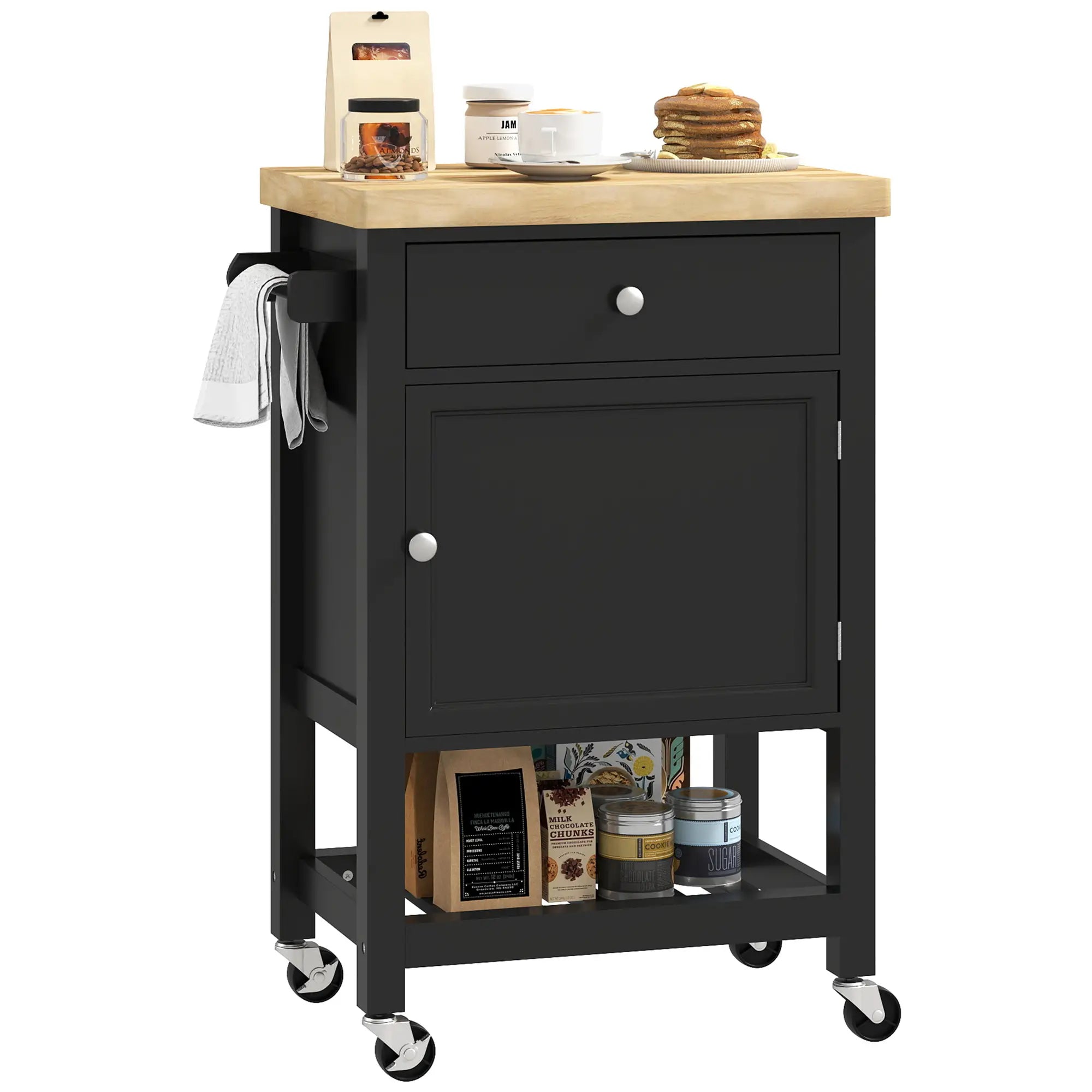 Rolling Kitchen Cart, Wood Top with Towel Rack, Drawer, Shelf, Black Kitchen Islands & Kitchen Carts at Gallery Canada