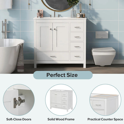 Bathroom Vanity, Ceramic Sink, 2 Soft Close Doors, 5 Drawers, 36" L x 18" W x 34" H, White Sink Cabinets at Gallery Canada