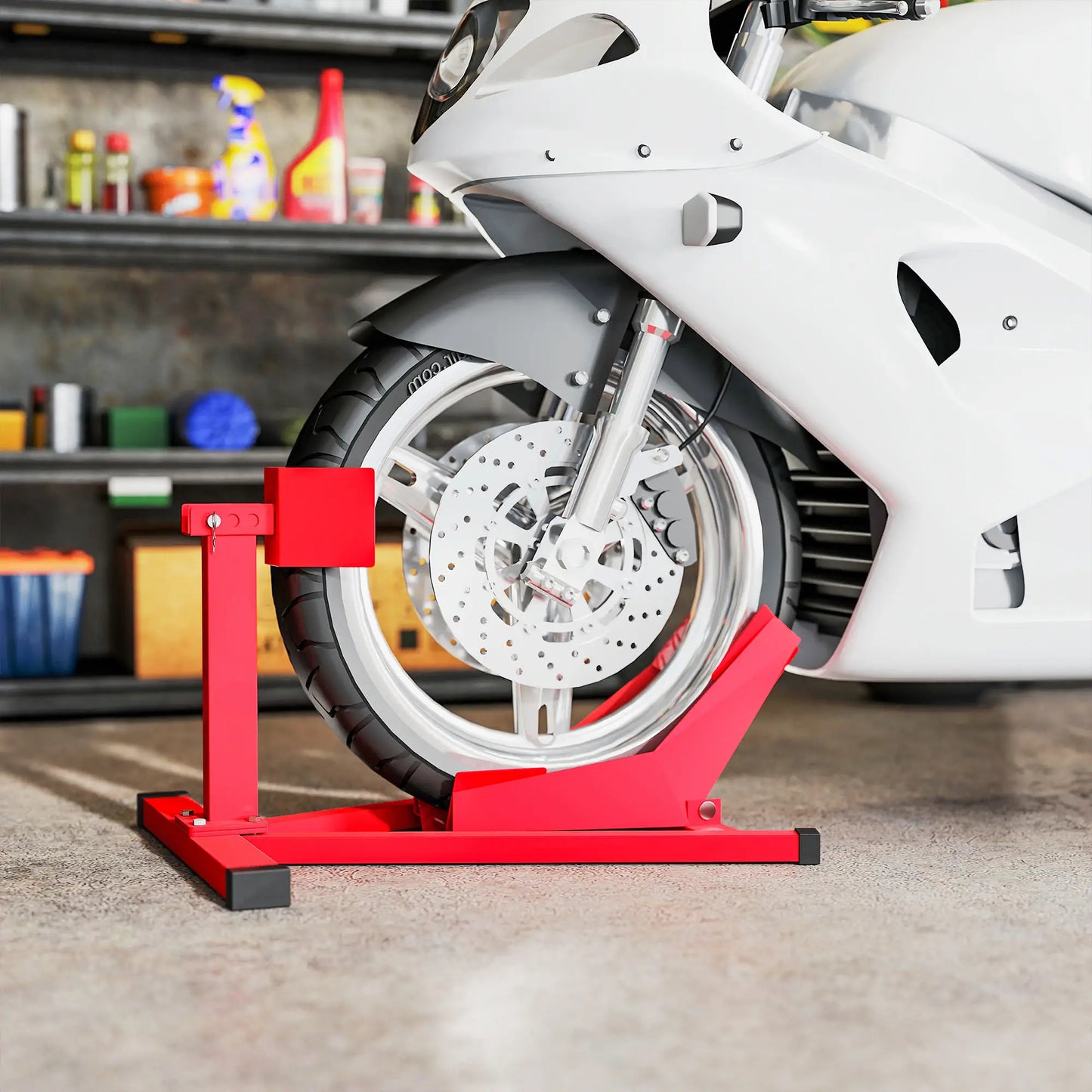 Motorcycle Wheel Chock, 660 lbs Capacity, Heavy Duty Steel, 14"-21" Wheels, Red Bike Parking Stands at Gallery Canada