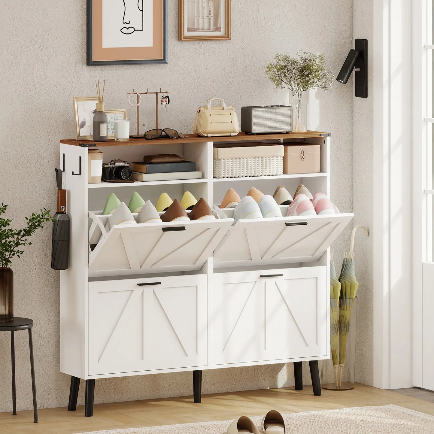 Shoe Storage Cabinet, 4 Flip Drawers, Farmhouse Narrow, Holds 24 Pairs, White Shoe Storage Cabinets & Racks at Gallery Canada
