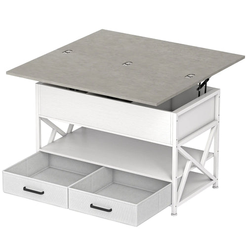 Modern Coffee Table, Lift Top with Fabric Drawers, Hidden Storage, Cement Grey