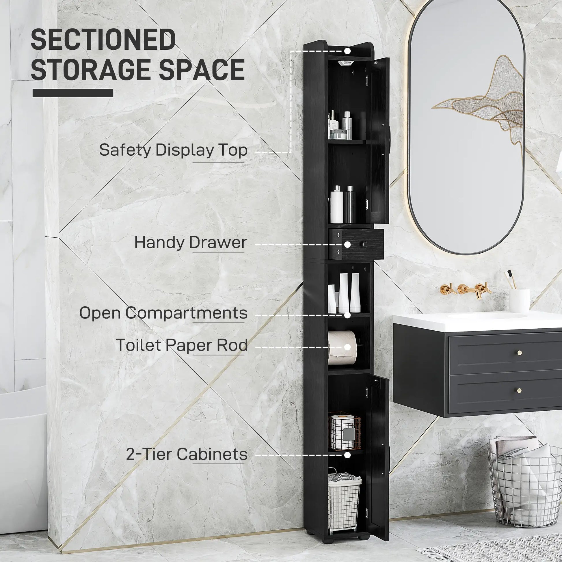 Narrow Bathroom Cabinet, Tall Storage with Barn Doors, Wood Grain, Black Bathroom Cabinets at Gallery Canada