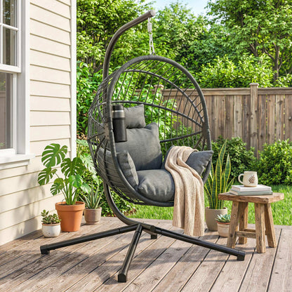 Metal Hanging Egg Chair, Full Body Padded Seat, Grey Patio Swings with Stand at Gallery Canada