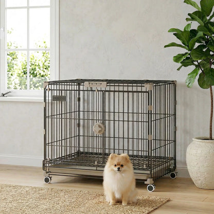 Foldable Dog Crate, 24 Inch Metal Cage, Removable Tray, Lockable Wheels, Black Dog Cages & Crates at Gallery Canada