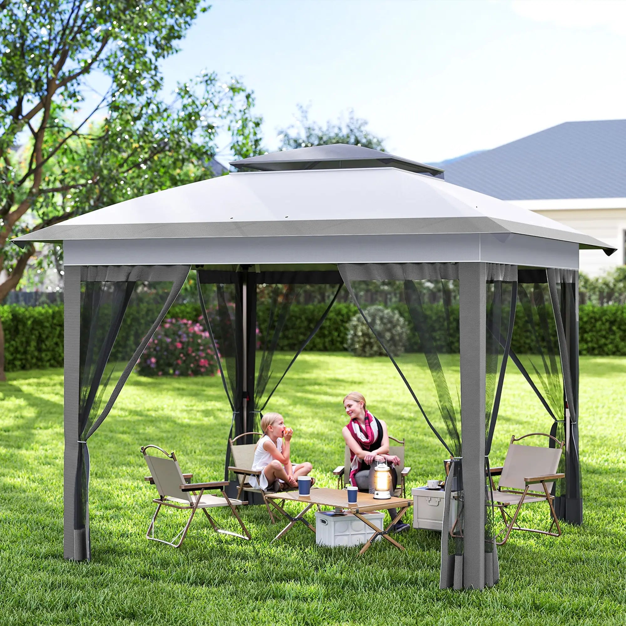 12' x 12' Pop Up Canopy, Instant Tent With Mesh Sidewalls, Grey Pop Up Canopies at Gallery Canada