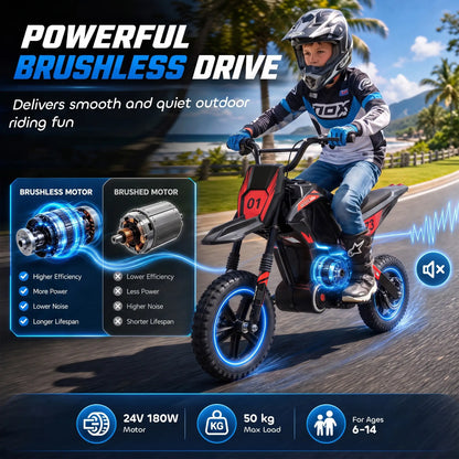 24V Kids Electric Motorcycle, Black, 12" Rubber Tires, Black Electric Motorcycles at Gallery Canada