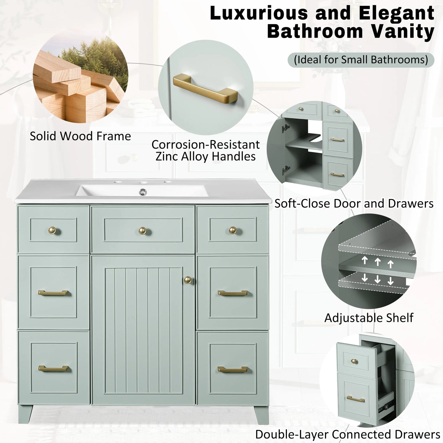 Bathroom Vanity, Ceramic Sink, Soft-Close Doors, 36" L x 18" W x 34" H, Green Sink Cabinets at Gallery Canada