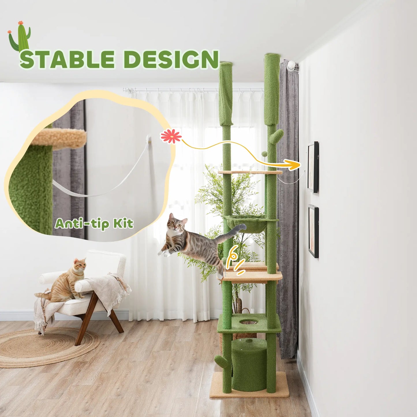 89"-100" Cat Tree Tower for Large Cats, Scratching Posts, Grooming Brush, Green Floor to Ceiling Cat Trees at Gallery Canada