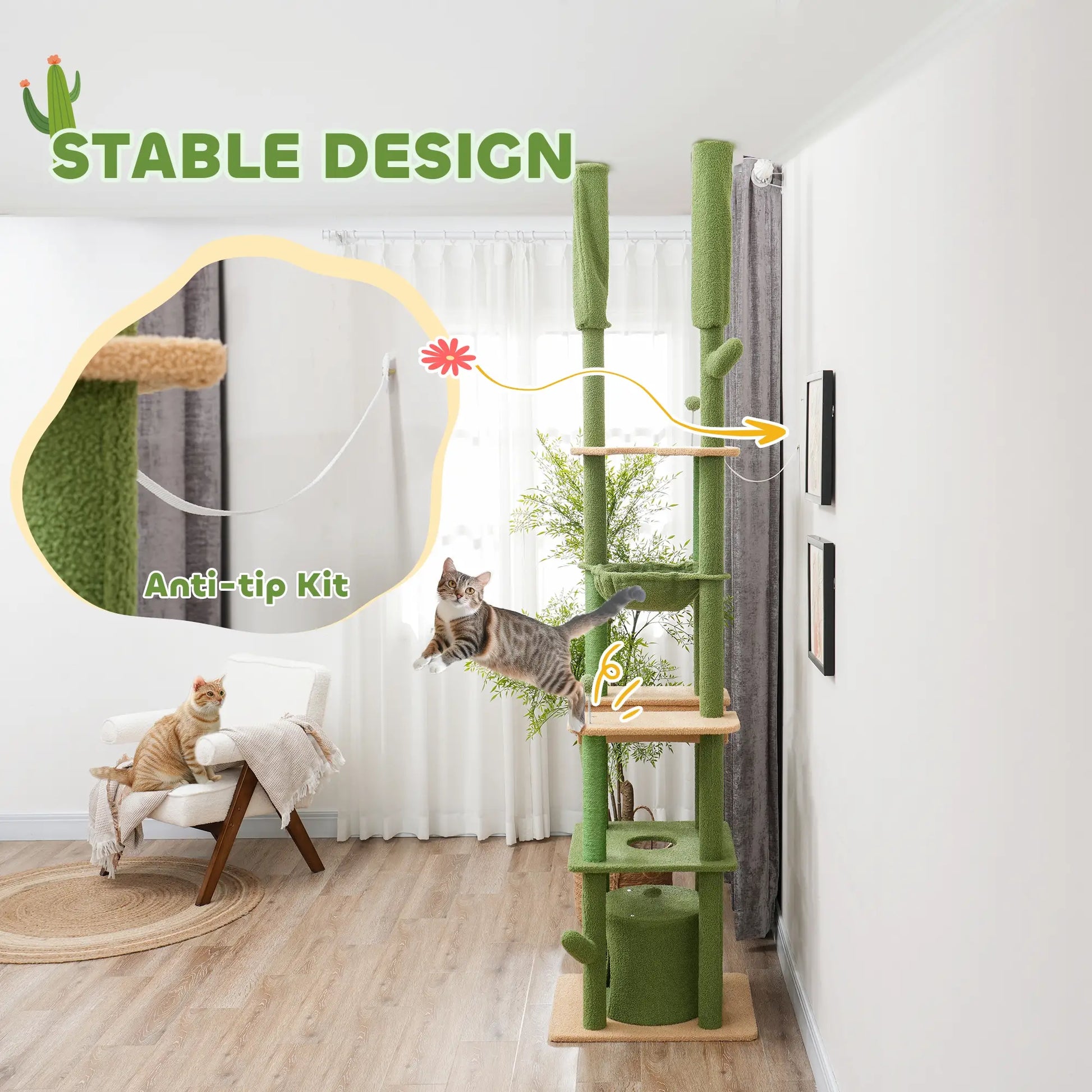 89"-100" Cat Tree Tower for Large Cats, Scratching Posts, Grooming Brush, Green Floor to Ceiling Cat Trees at Gallery Canada