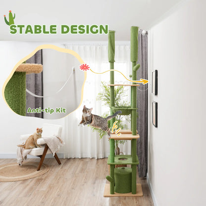 89"-100" Cat Tree Tower for Large Cats, Scratching Posts, Grooming Brush, Green Floor to Ceiling Cat Trees at Gallery Canada