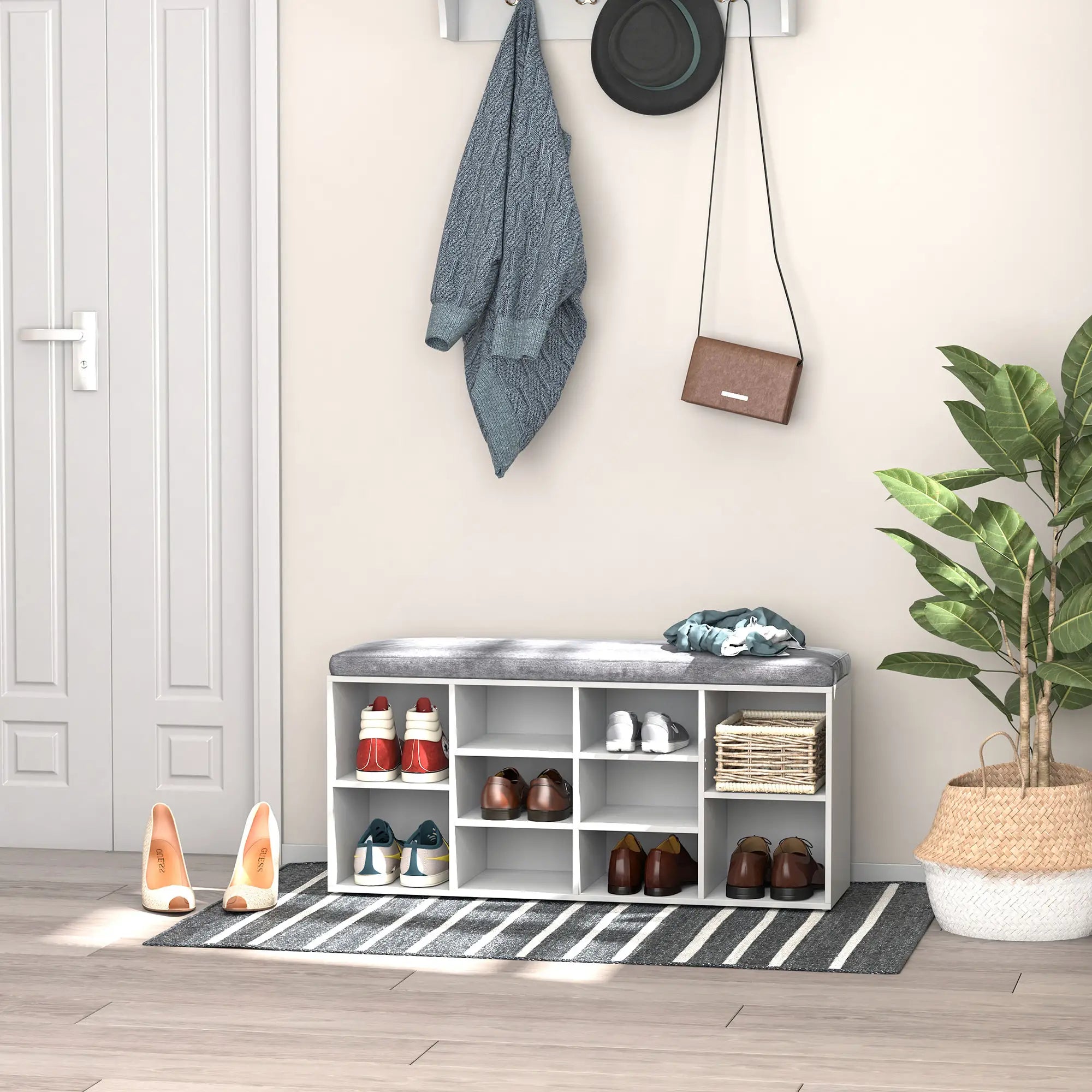 Shoe Bench with Storage, Upholstered Entryway Bench, Adjustable Shelves, White Shoe Storage Cabinets & Racks at Gallery Canada