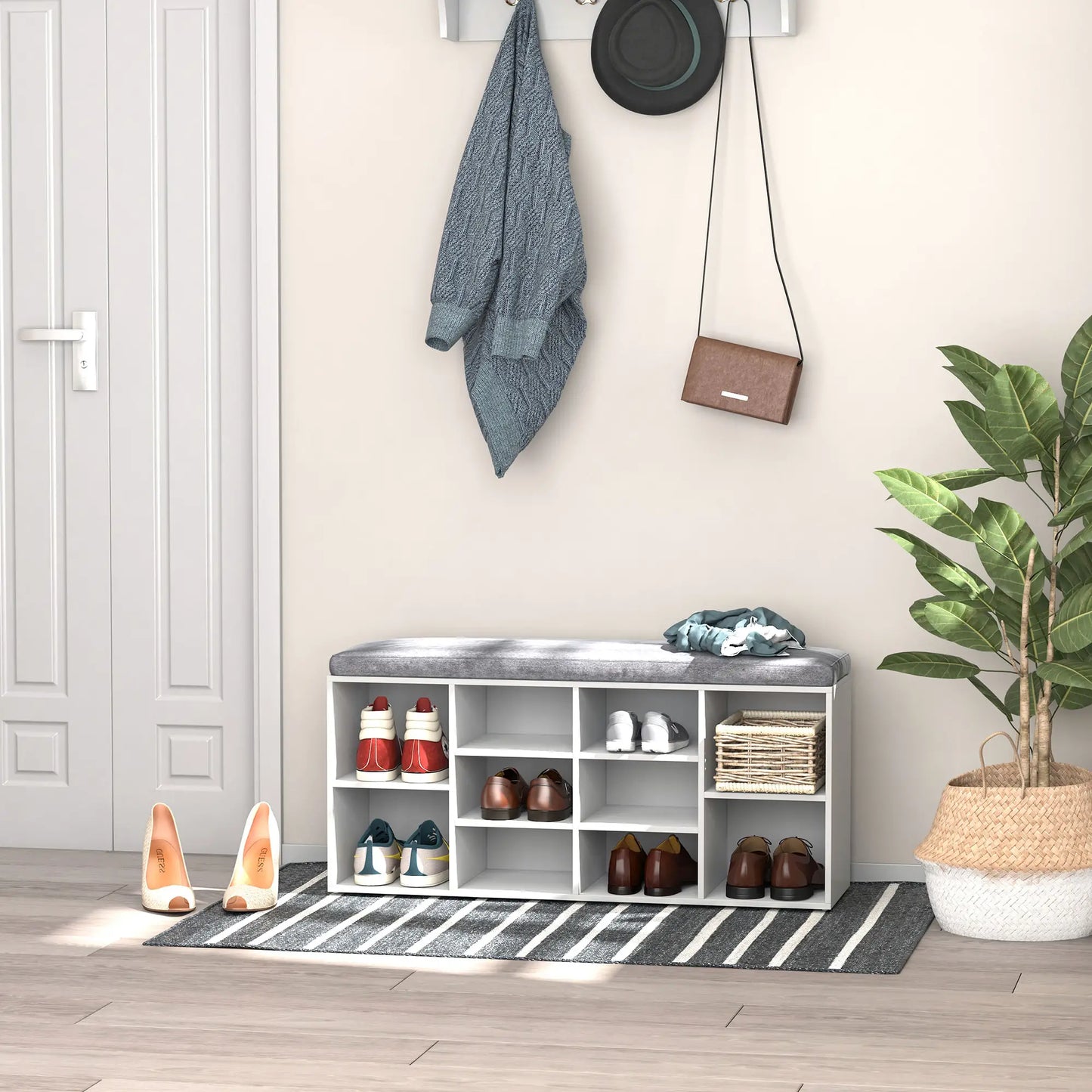 Shoe Bench with Storage, Upholstered Entryway Bench, Adjustable Shelves, White Shoe Storage Cabinets & Racks at Gallery Canada