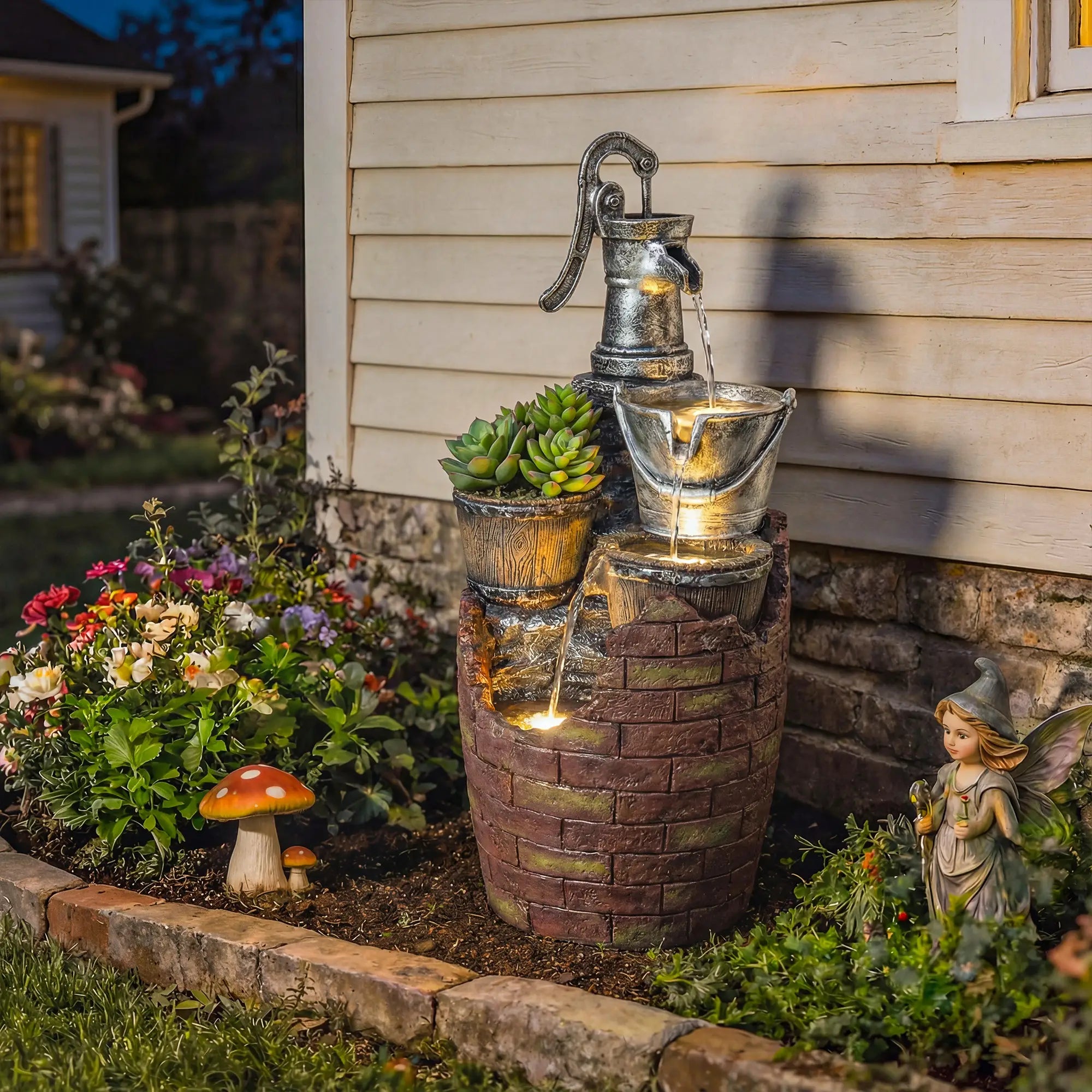 4-Tier Outdoor Fountain With Planter, Cascading Waterfall, LED Lights, Rustic Brown And Grey Water Fountains at Gallery Canada