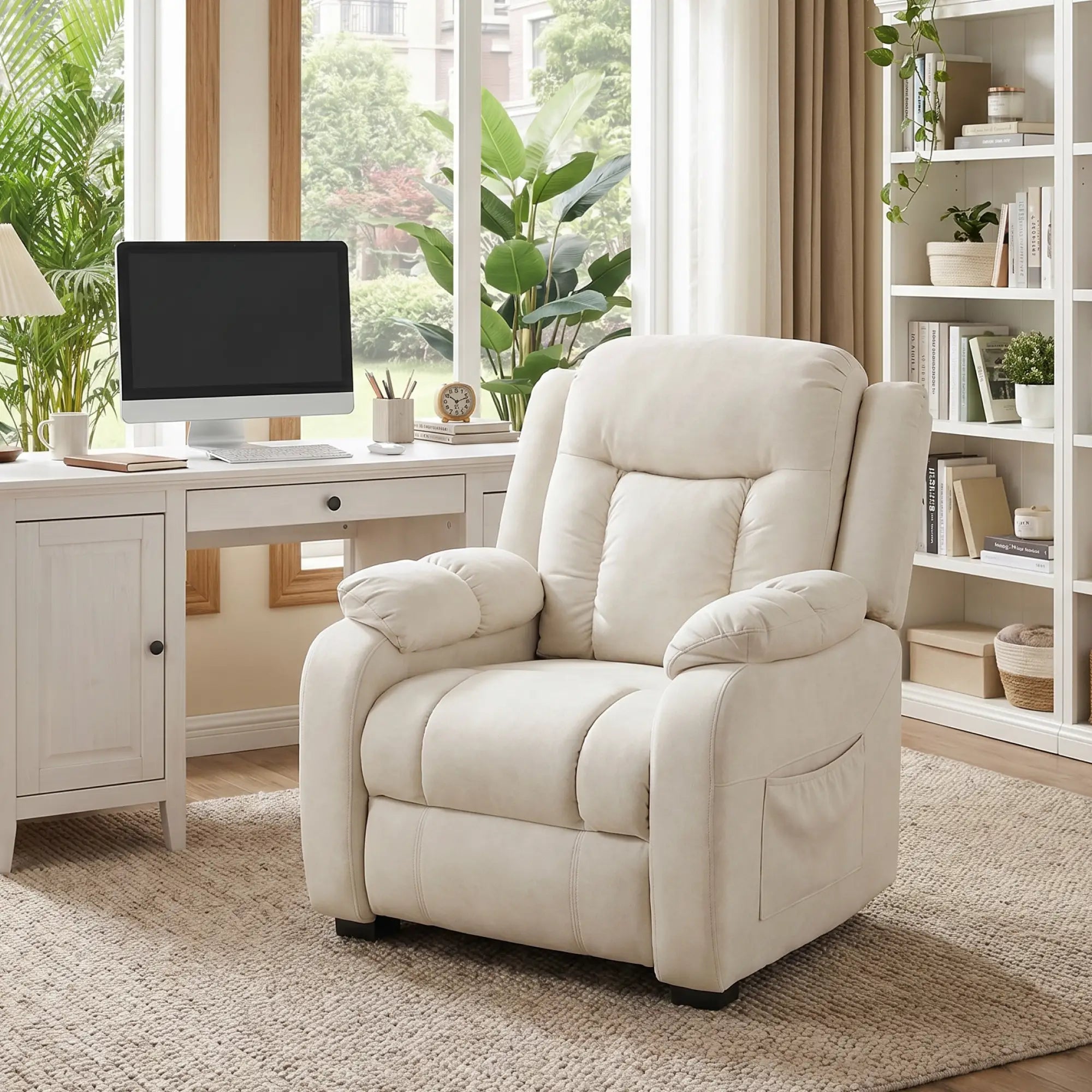 Massage Recliner Chair, Quiet Brushless Motor, Pet-Friendly Fabric, 2 Memory Positions, Cream White Single Sofas at Gallery Canada