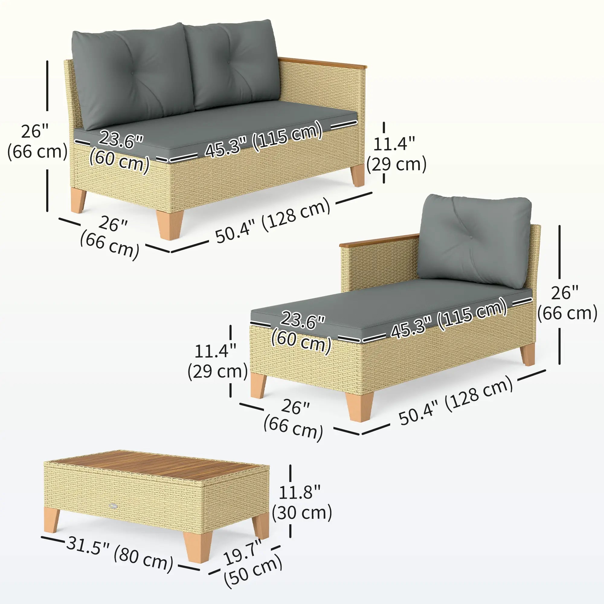3 Piece L-Shaped Patio Set, Wood Top Coffee Table, Light Grey Patio Furniture Sets at Gallery Canada