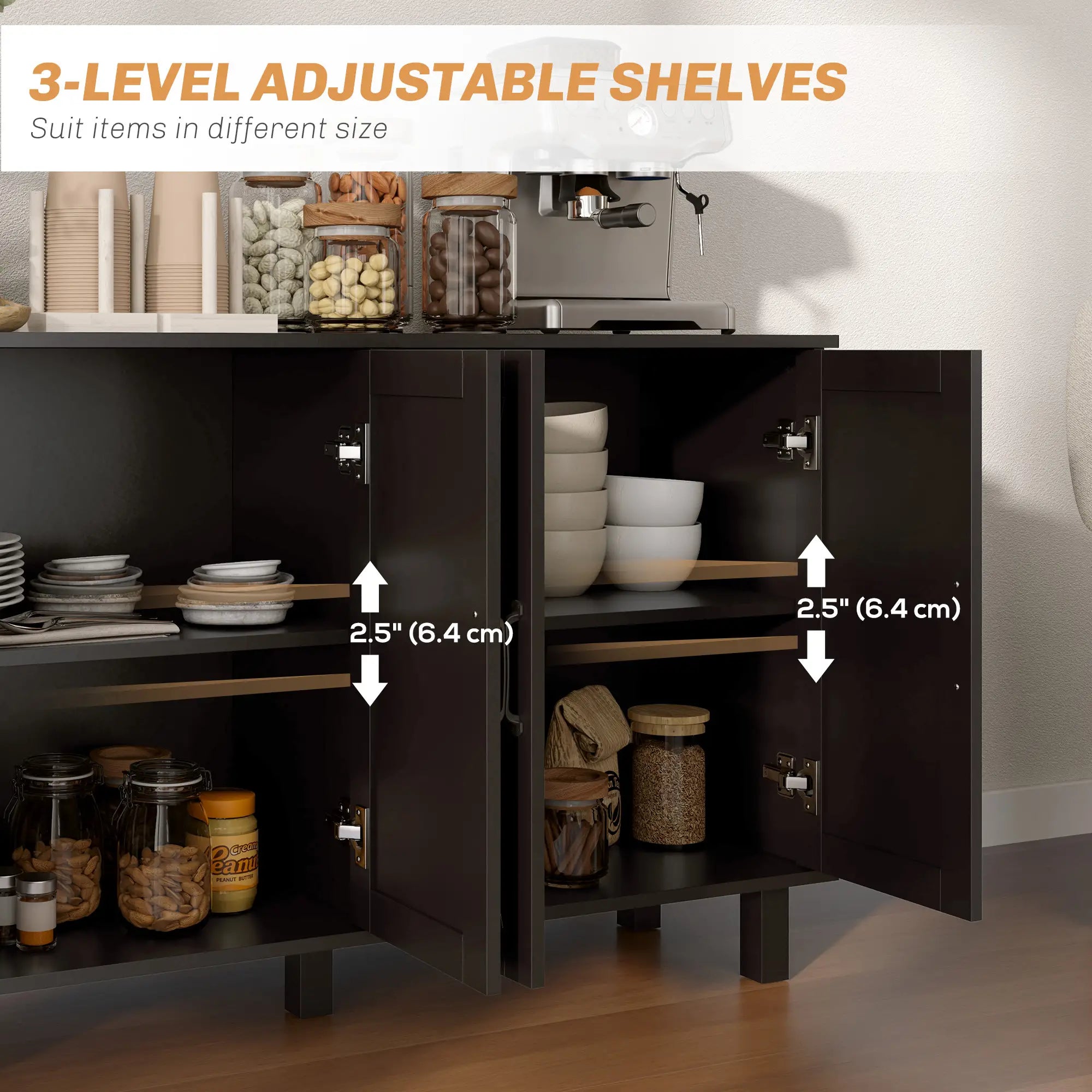 Kitchen Sideboard Cabinet, 4 Barn Doors, 2 Adjustable Shelves, Black Bar Cabinets at Gallery Canada