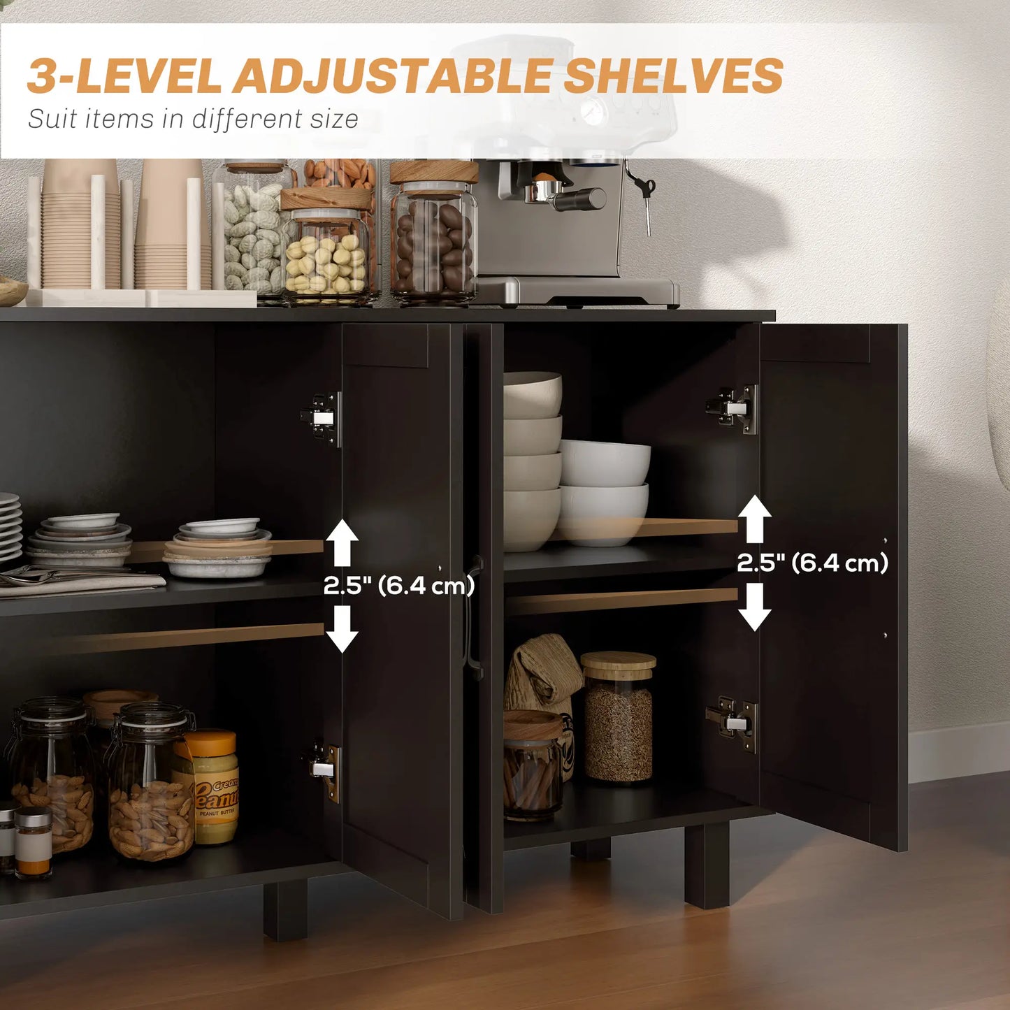 Kitchen Sideboard Cabinet, 4 Barn Doors, 2 Adjustable Shelves, Black Bar Cabinets at Gallery Canada