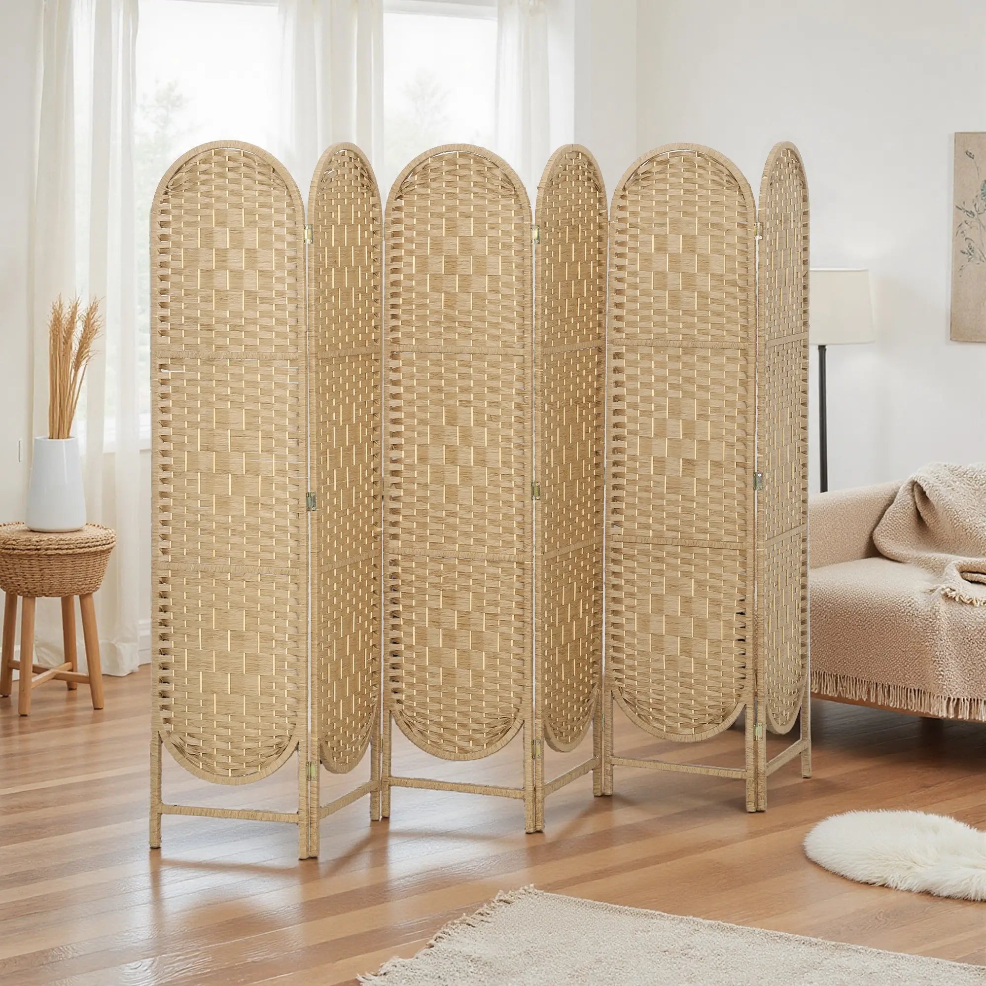 6 Panel Bohemian Privacy Screen, Arched Top Room Divider, Natural Wood Room Dividers at Gallery Canada