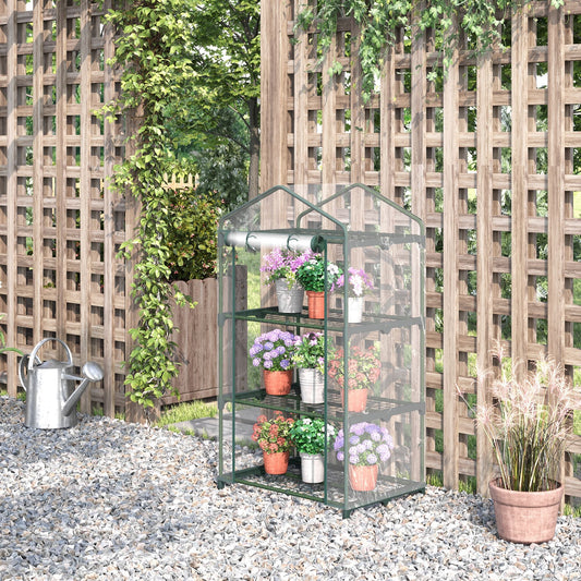 3 Tier Mini Greenhouse Portable Plant Greenhouse with Roll Up Door and Wire Shelves, 27" x 19" x 49", Clear - Gallery Canada