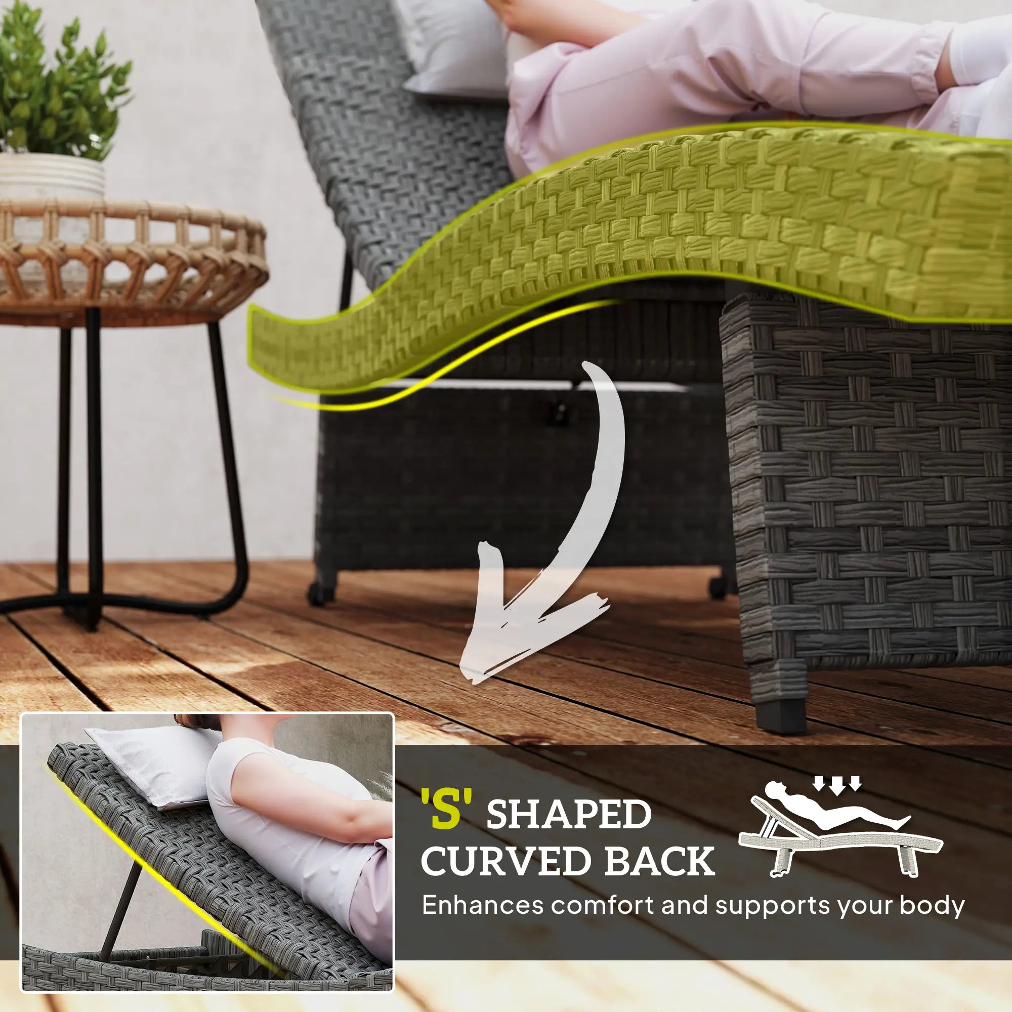 Folding Wicker Outdoor Chaise Lounge, 4-Level Adjustable Backrest, Grey Wicker Chaise Loungers at Gallery Canada