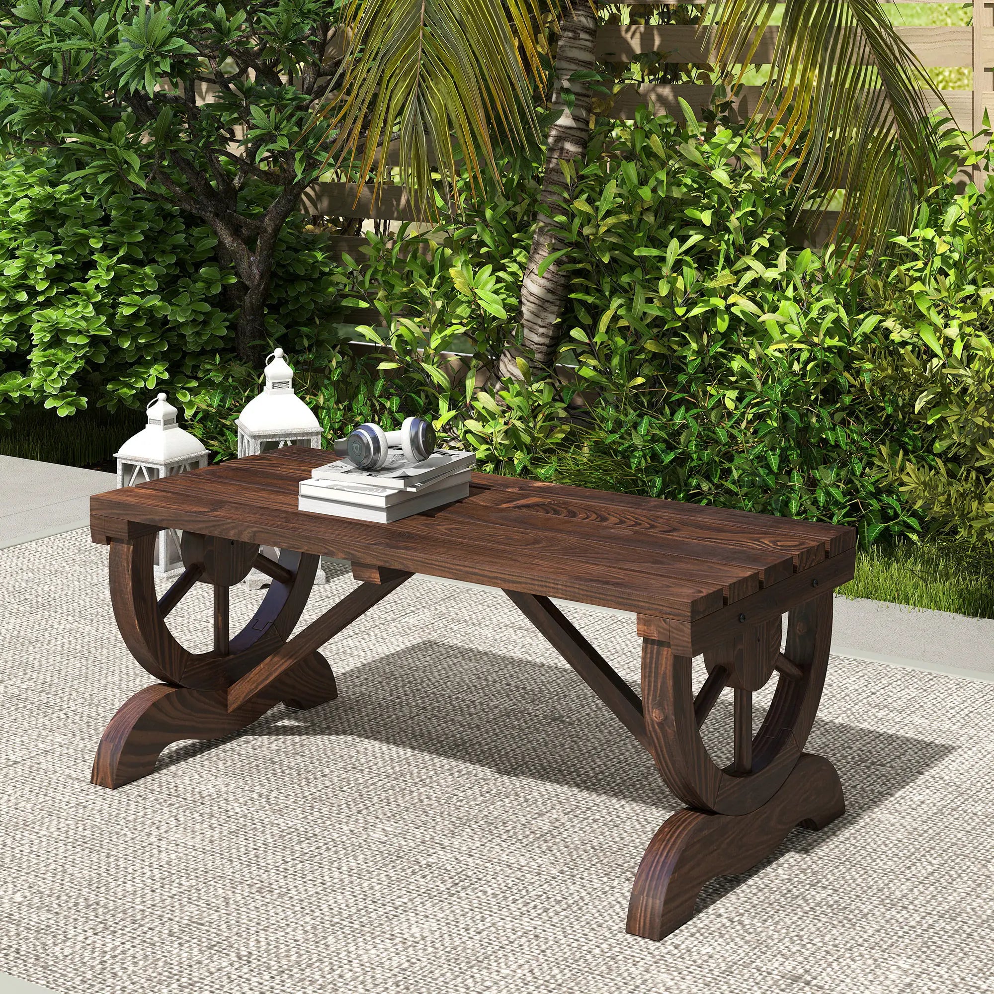 Rustic Wood Wheel Outdoor Garden Bench, 2-Person, Brown Outdoor Benches at Gallery Canada