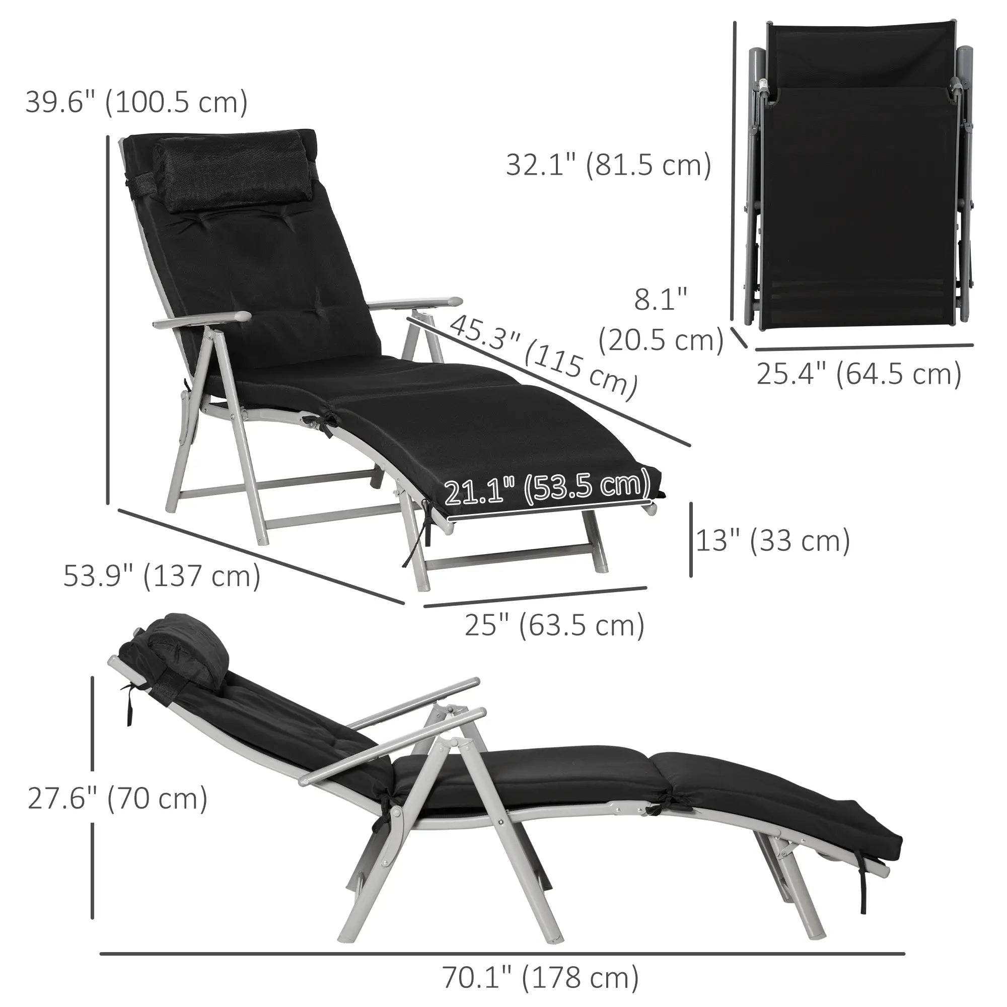 Outdoor Folding Chaise Lounge, Adjustable Backrest, Black Lounger Chairs at Gallery Canada