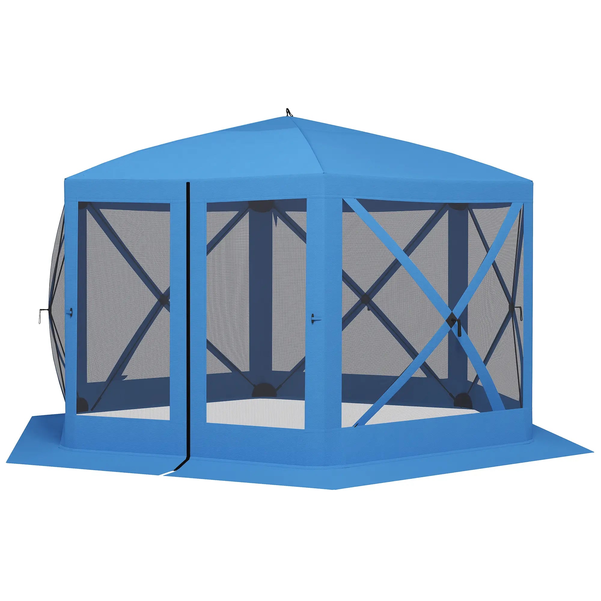 12' x 12' Hexagon Pop Up Screen Tent, Camping Shelter With Mesh Sidewalls, Carry Bag, Blue Pop Up Canopies Blue at Gallery Canada
