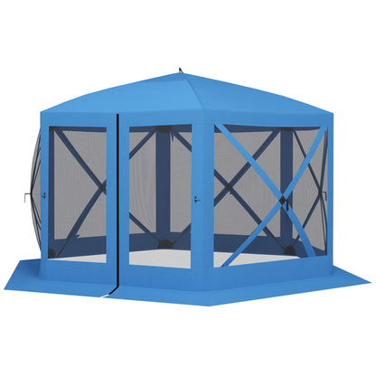 12' x 12' Hexagon Pop Up Screen Tent, Camping Shelter With Mesh Sidewalls, Carry Bag, Blue Pop Up Canopies Blue at Gallery Canada