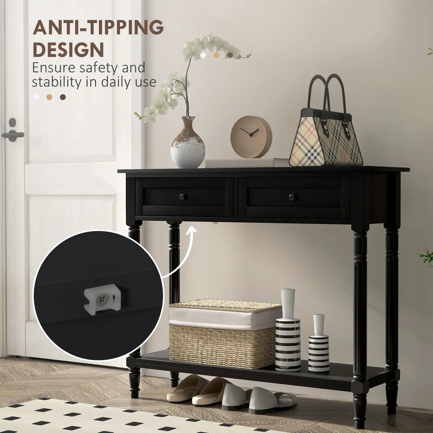 Modern Hallway Console Table, 2 Drawers, Storage Shelf, Turned Legs, Black Console Tables at Gallery Canada