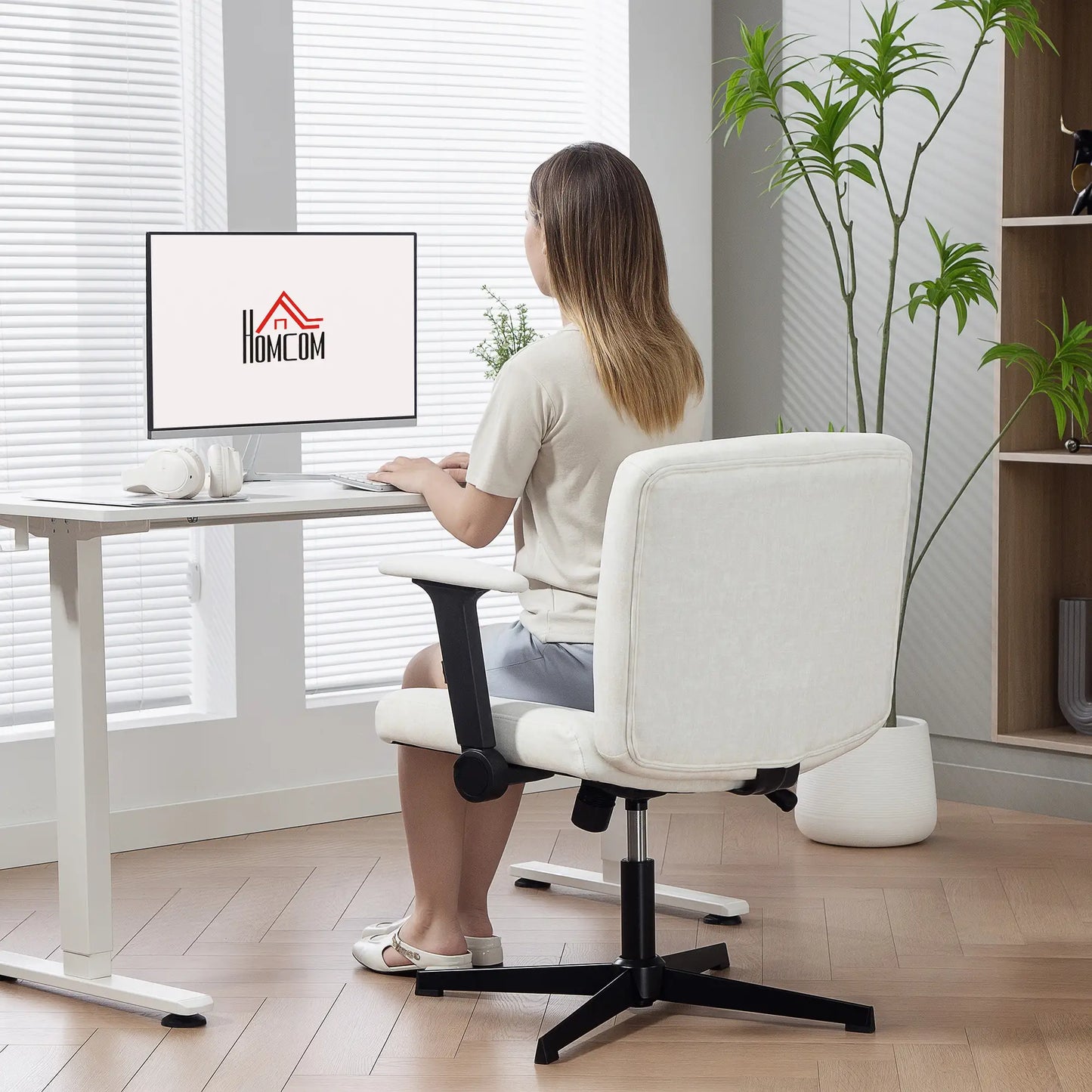 Criss Cross Chair, Flip-Up Armrests, Adjustable Height, Tilting, No Wheels, Beige Task Chairs at Gallery Canada