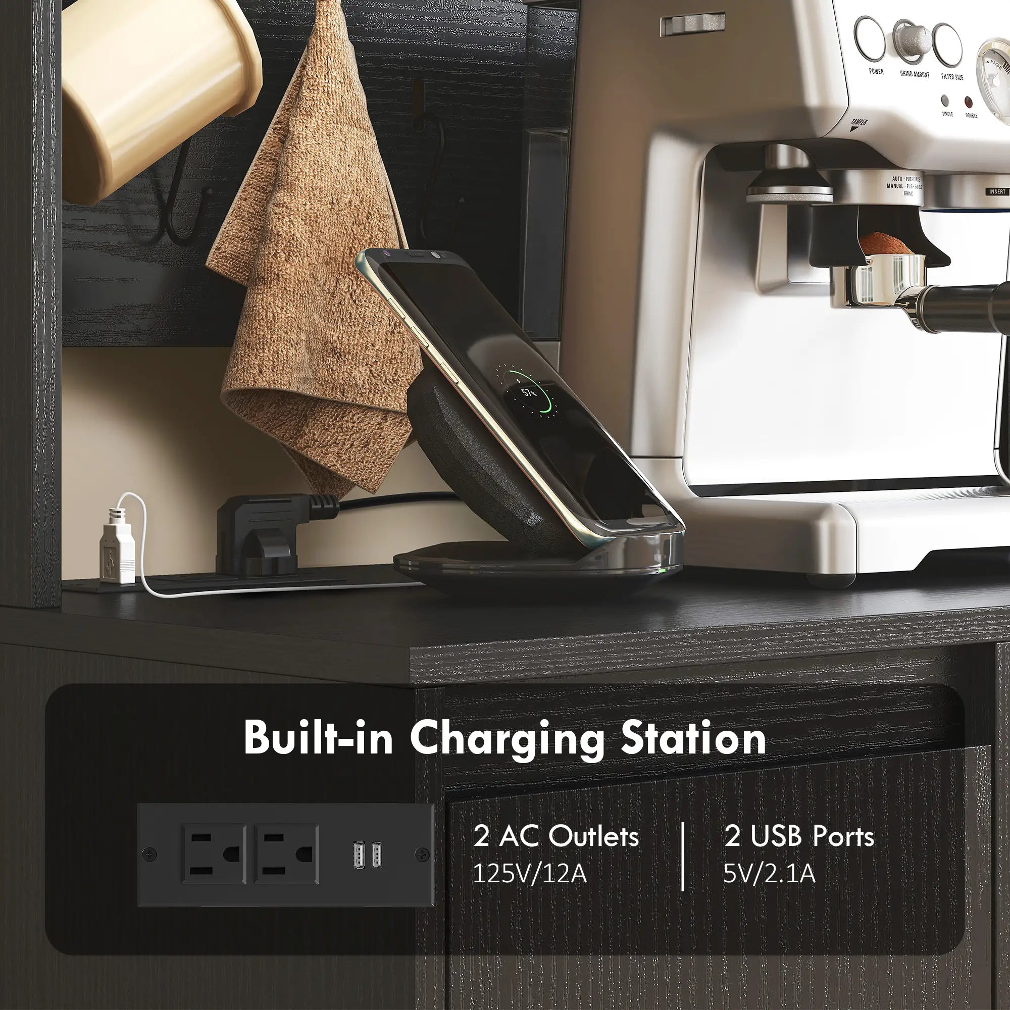 71 Inch Pantry Cabinet with Charging Station, Microwave Stand, Black Kitchen Pantry Cabinets at Gallery Canada