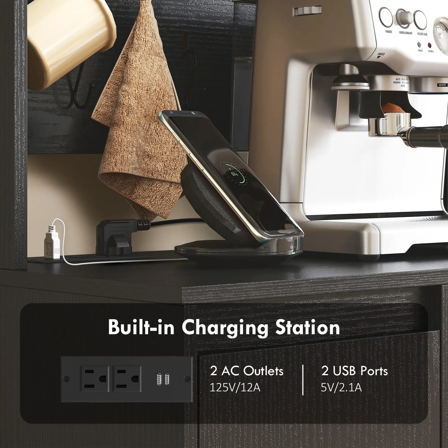 71 Inch Pantry Cabinet with Charging Station, Microwave Stand, Black Kitchen Pantry Cabinets at Gallery Canada