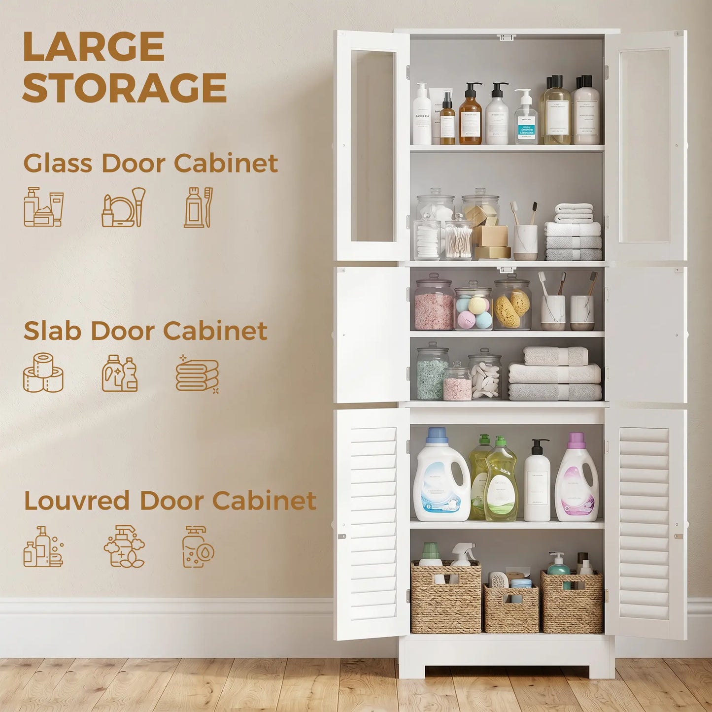 Freestanding Bathroom Cabinet, Glass Louvred Doors, Tall for Kitchen, Study Bathroom Cabinets at Gallery Canada