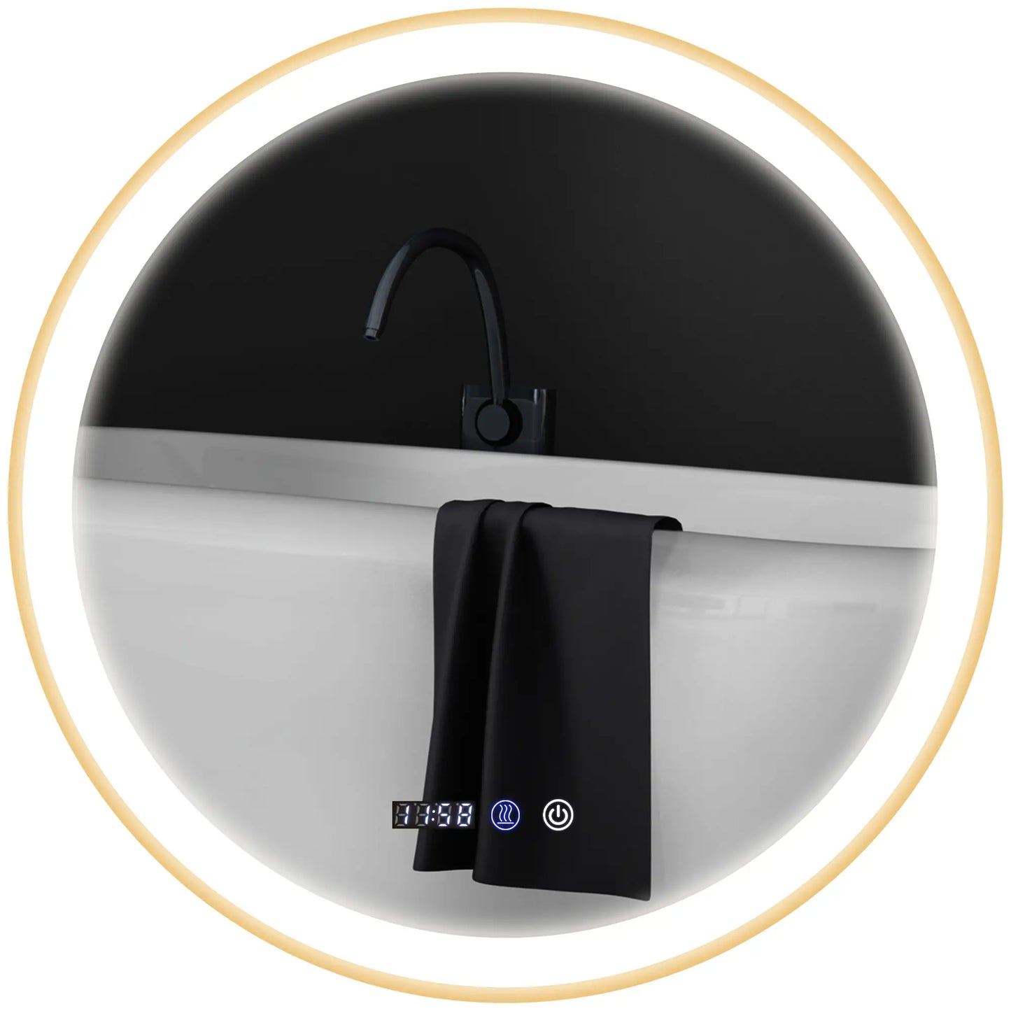 28" Round LED Bathroom Mirror, Anti-Fog, Time Temp Display, Gold Wall Mirrors at Gallery Canada