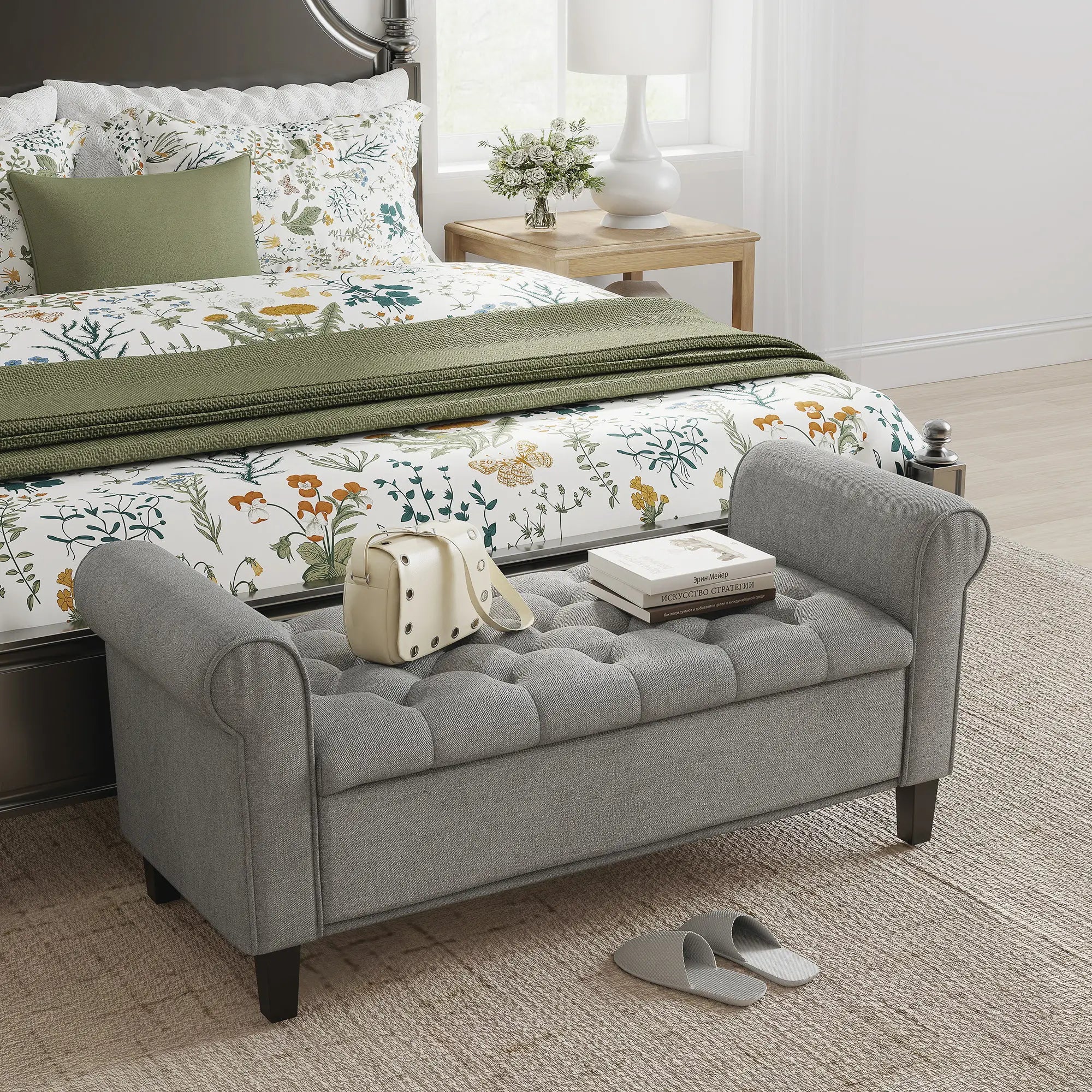 50 Inches Storage Ottoman, Light Grey, Upholstered Bench With Rolled Arms, Light Grey Storage Ottomans & Benches at Gallery Canada