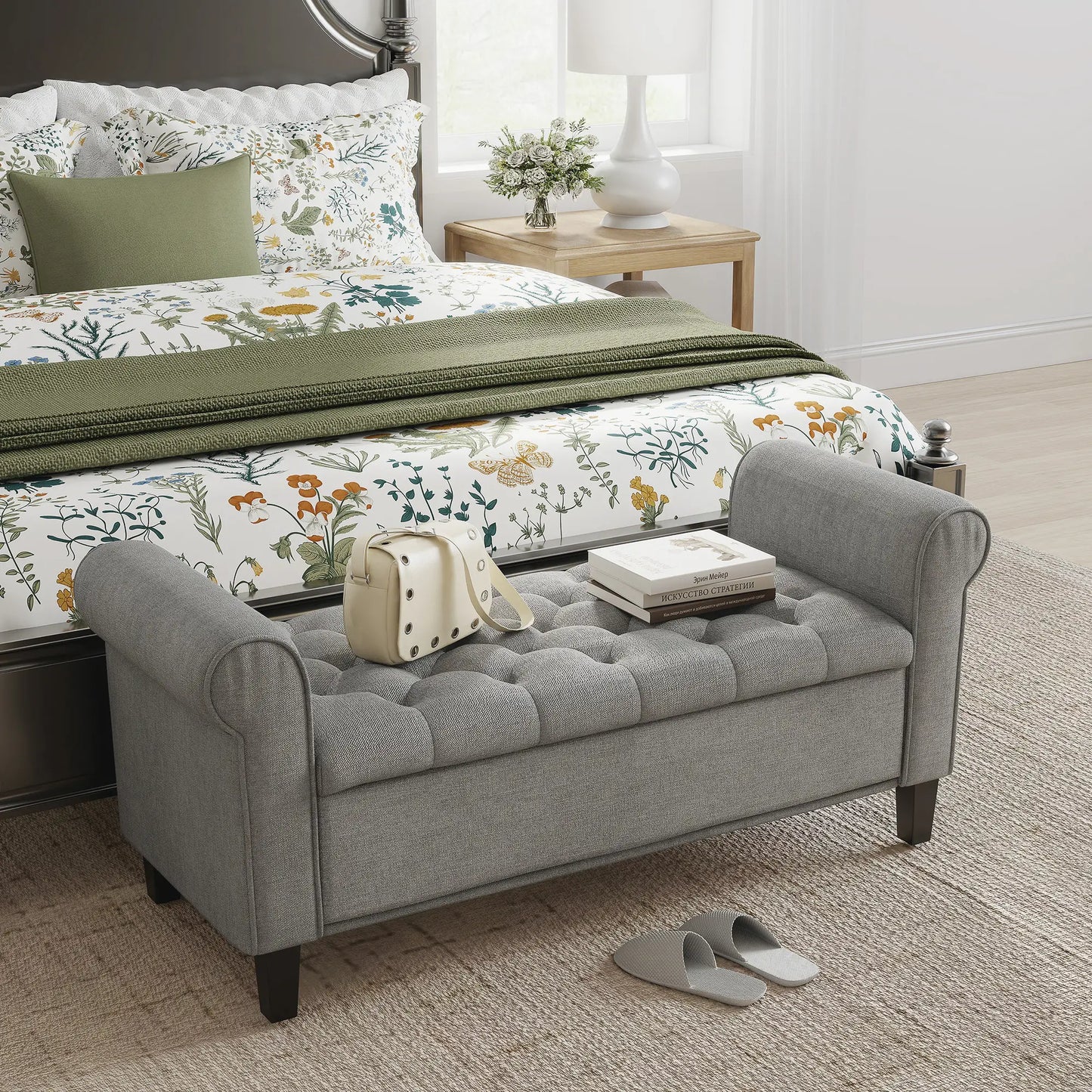 50 Inches Storage Ottoman, Light Grey, Upholstered Bench With Rolled Arms, Light Grey Storage Ottomans & Benches at Gallery Canada