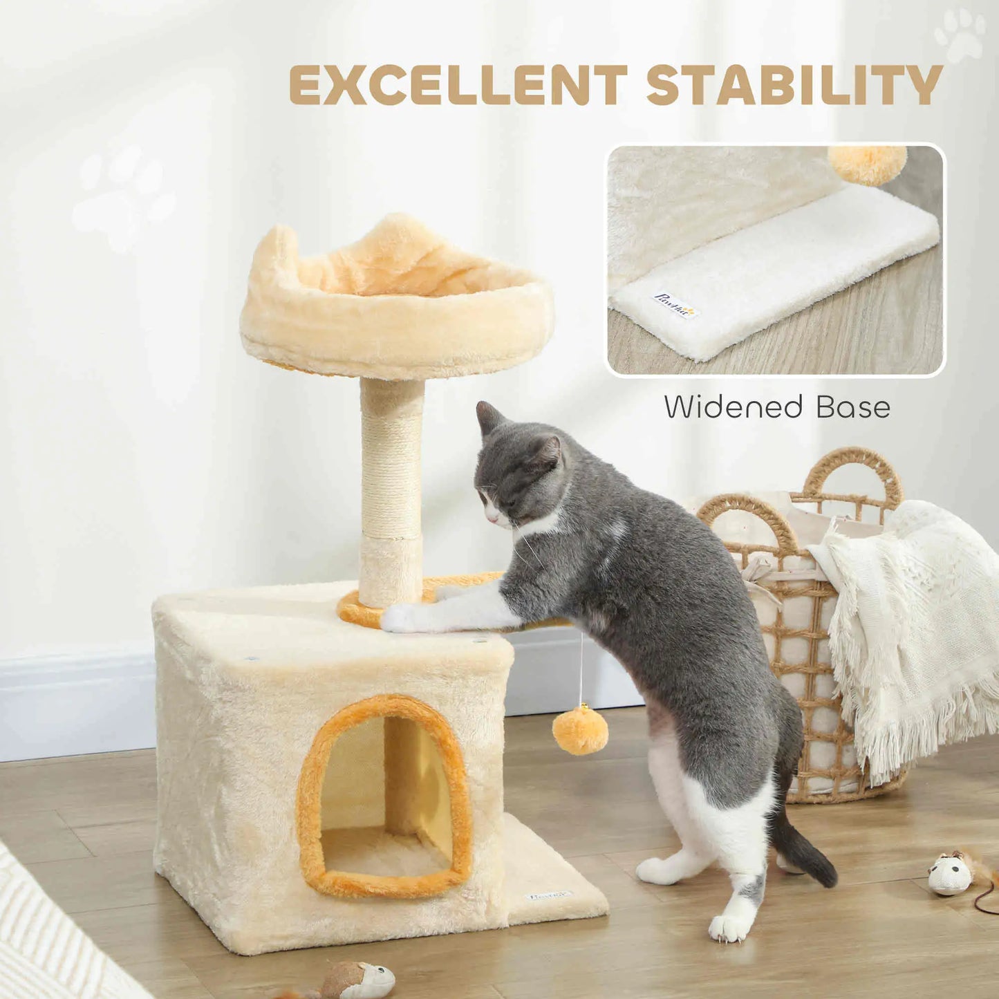 28 Inch Cat Tree Tower with Plush Bed, Condo, Sisal Post, Perch, Dangling Ball, Beige and Yellow Cat Posts at Gallery Canada