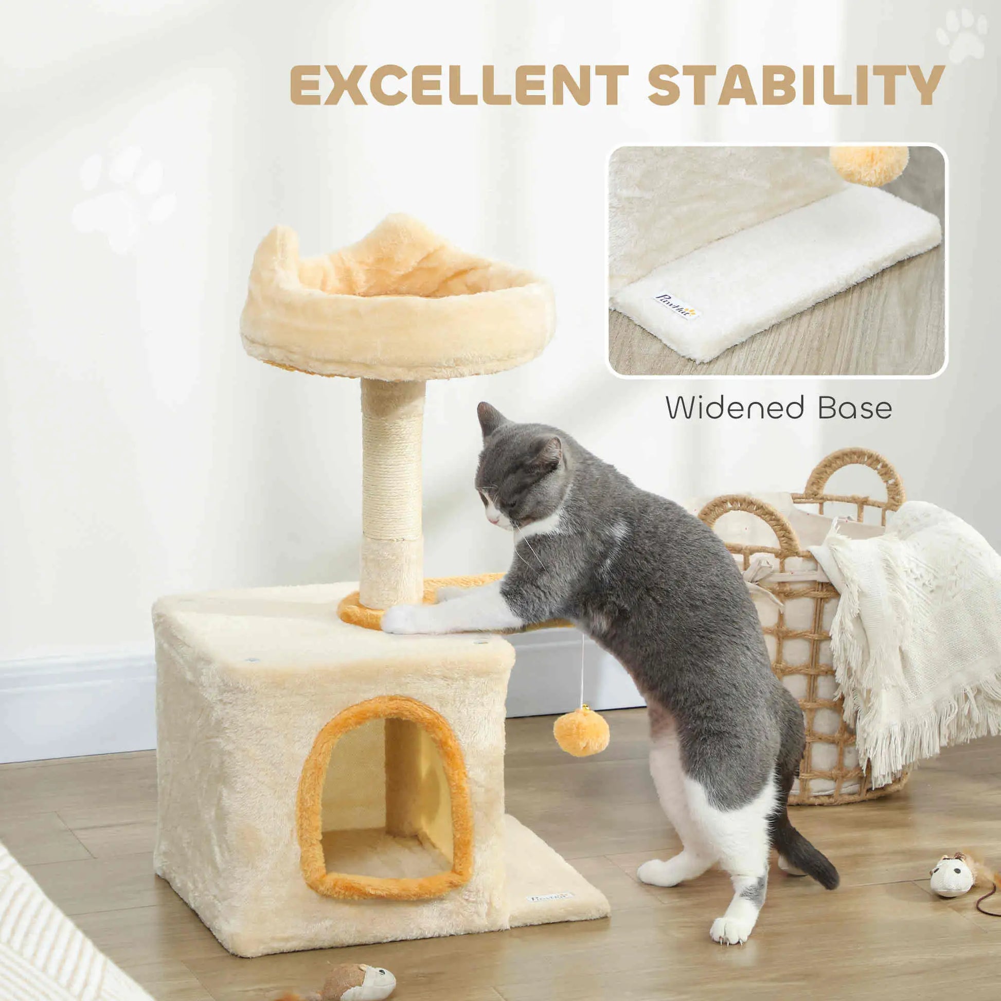 28 Inch Cat Tree Tower with Plush Bed, Condo, Sisal Post, Perch, Dangling Ball, Beige and Yellow Cat Posts at Gallery Canada
