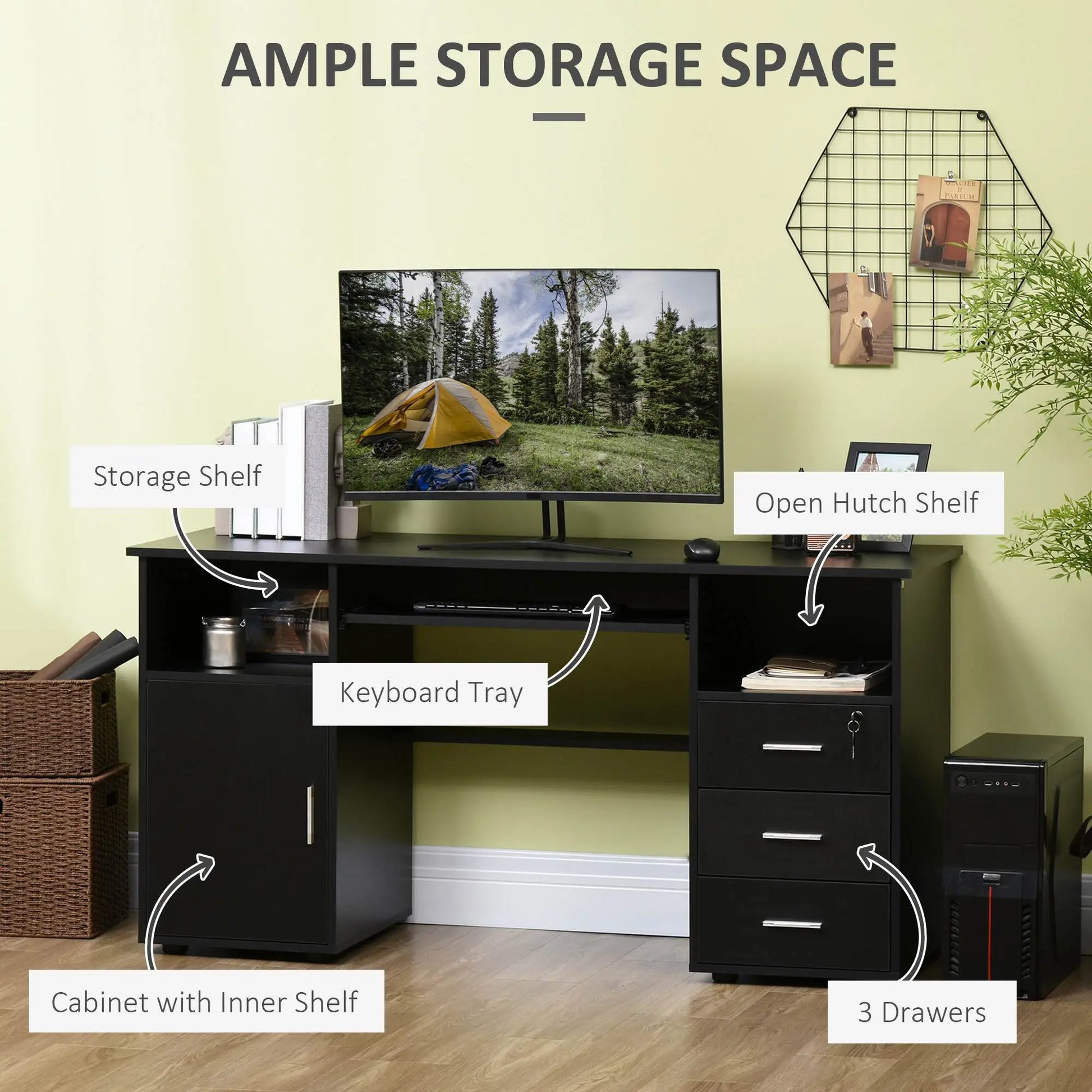 57 Computer Desk With Drawers, Keyboard Tray, Open Shelves, Black Computer Desks at Gallery Canada