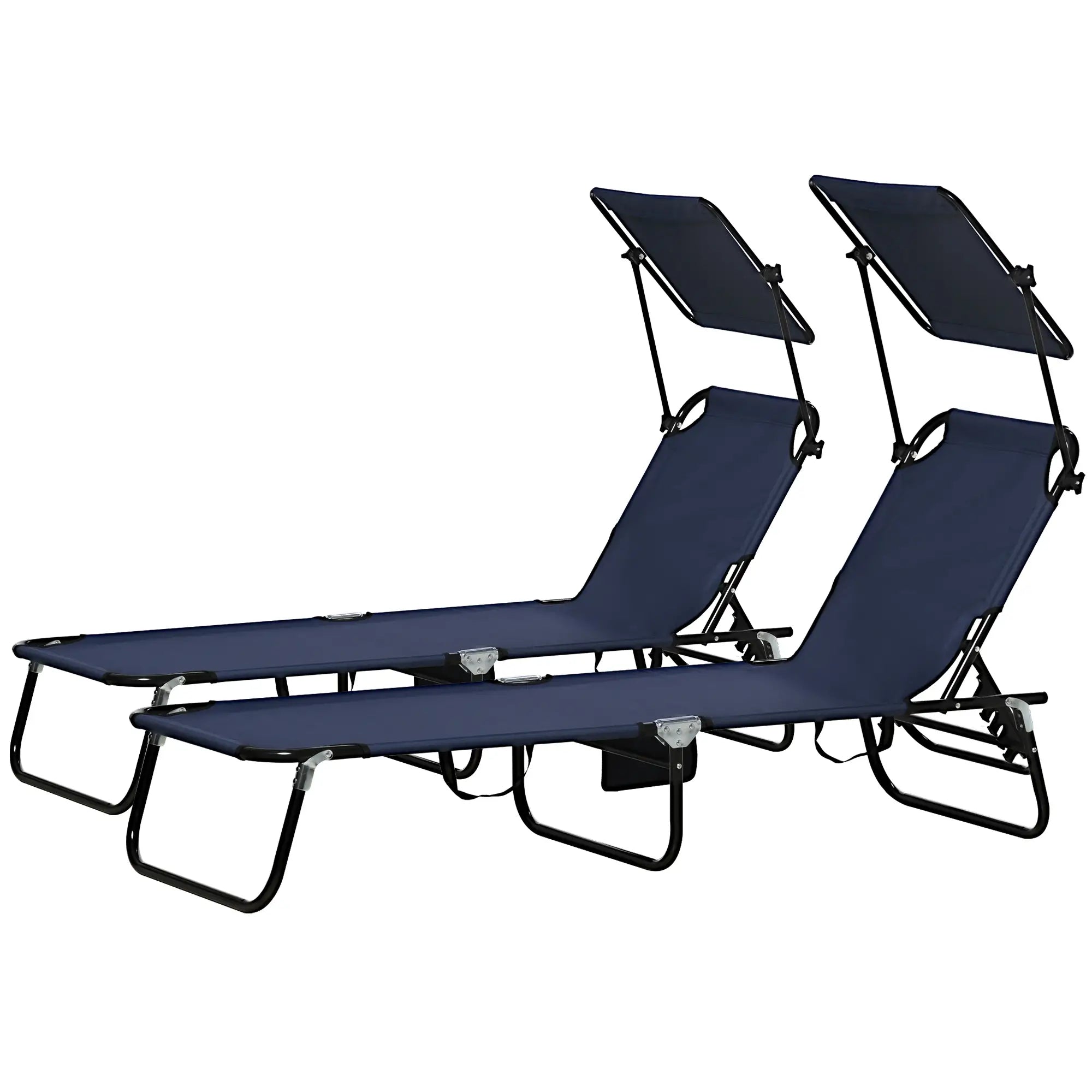 2 Piece Folding Chaise Lounges, Reclining Back, Sunshade, Blue Lounger Chairs Dark Blue Fabric, Black Matte Frame at Gallery Canada