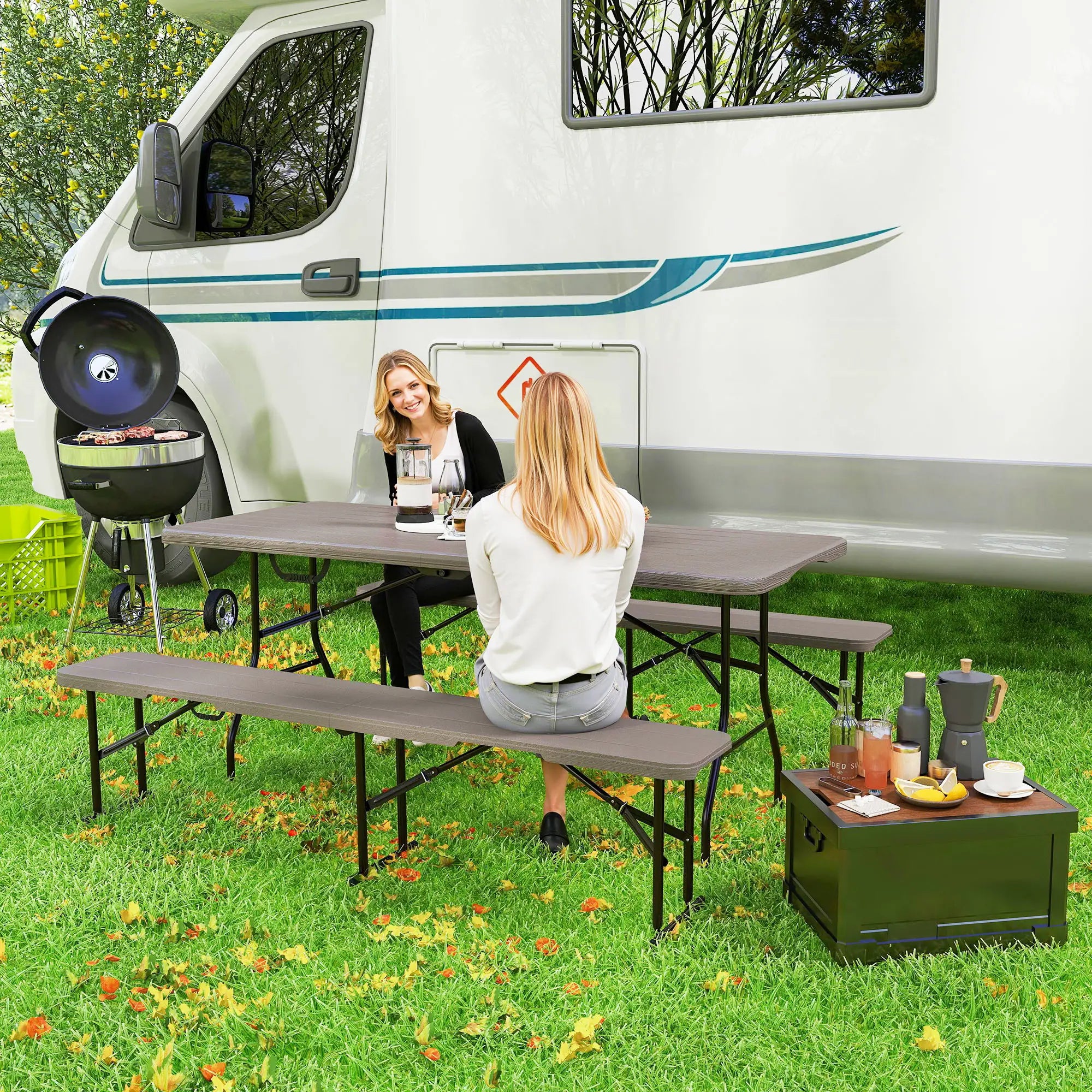 6FT 3PCS Faux Rattan Camping Table Bench Set, Brown Picnic Tables & Camping Chairs at Gallery Canada