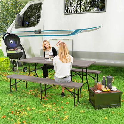 6FT 3PCS Faux Rattan Camping Table Bench Set, Brown Picnic Tables & Camping Chairs at Gallery Canada