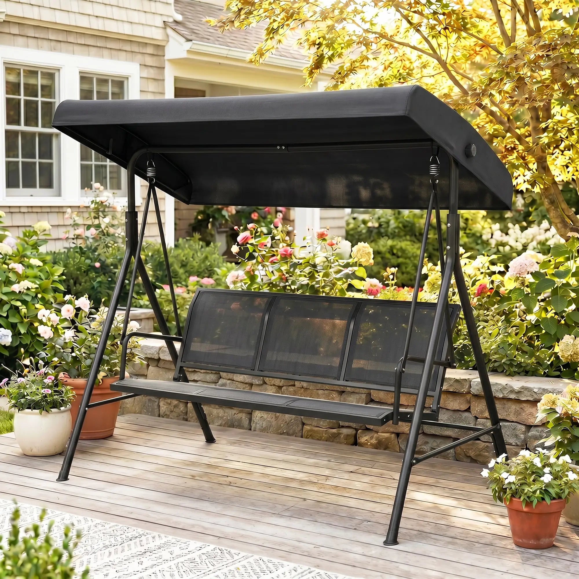 3-Seater Swing Chair, Covered Garden Hammock, A-Frame, Black Patio Swings with Stand at Gallery Canada